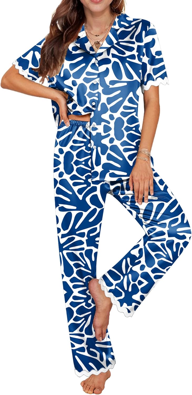 Ekouaer Womens Silk Satin Pajamas Set Button Down 2 Piece Pjs Short Sleeve Long Pants Sleepwear Lounge Set, S-XXL