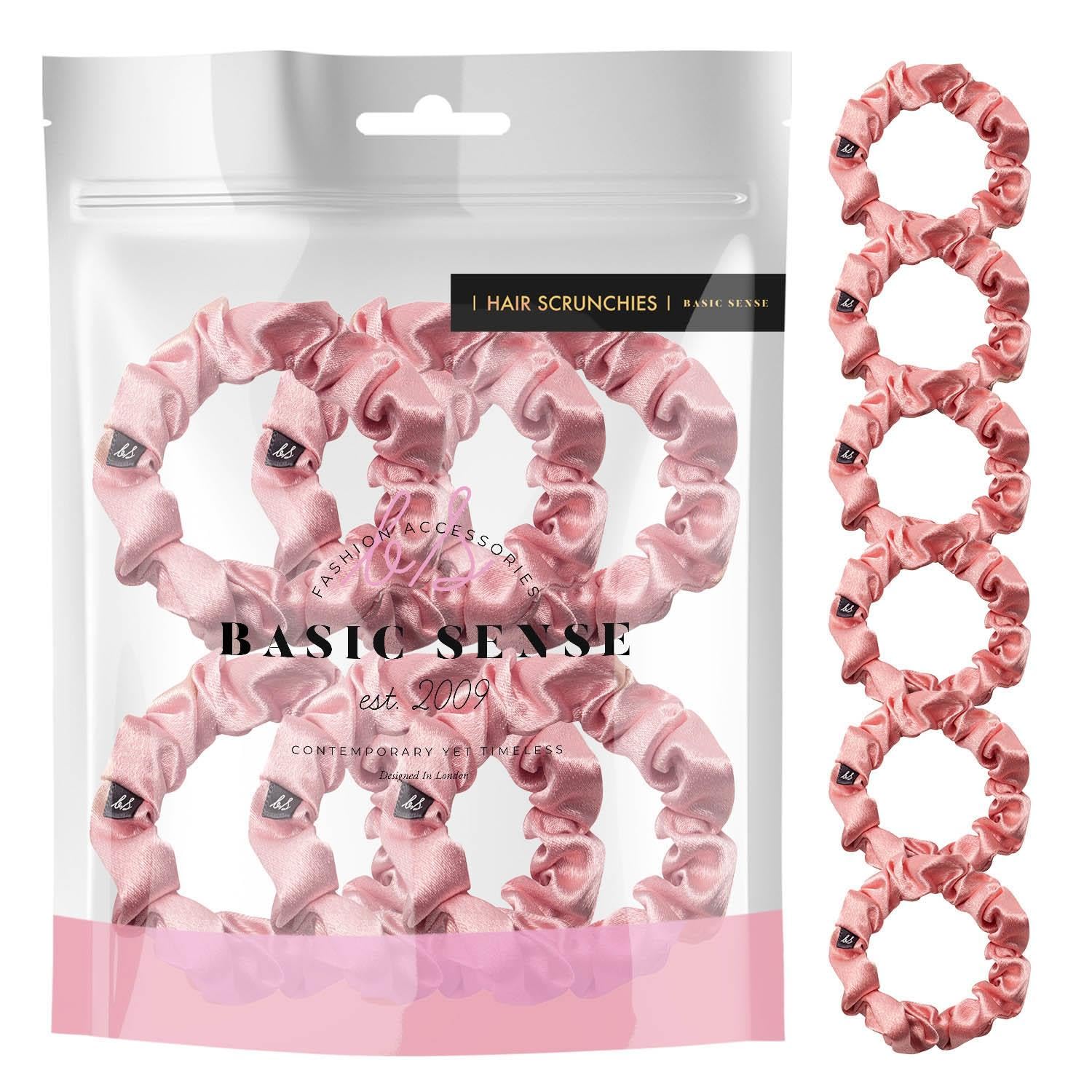 Basic Sense Skinny Satin Hair Scrunchies for Fine Hair Snag-Free, Strong Hold, A set of 6pcs, Pink, 1 count (Pack of 6)