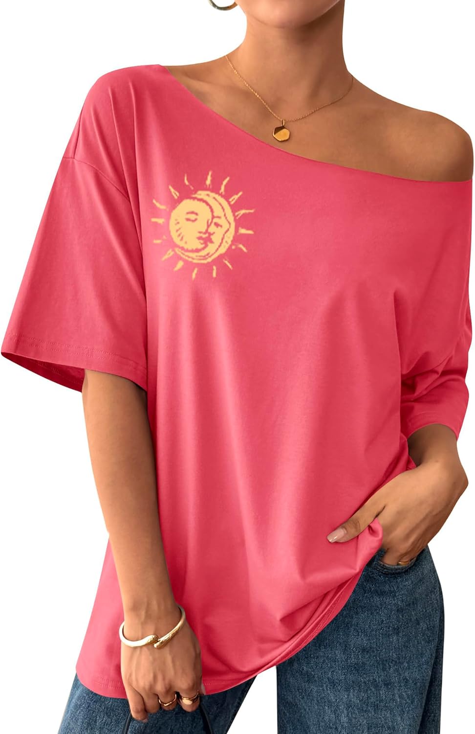 Remidoo Women's Oversized T Shirt Off The Shoulder Tops Short Sleeve Shirts Graphic Tees