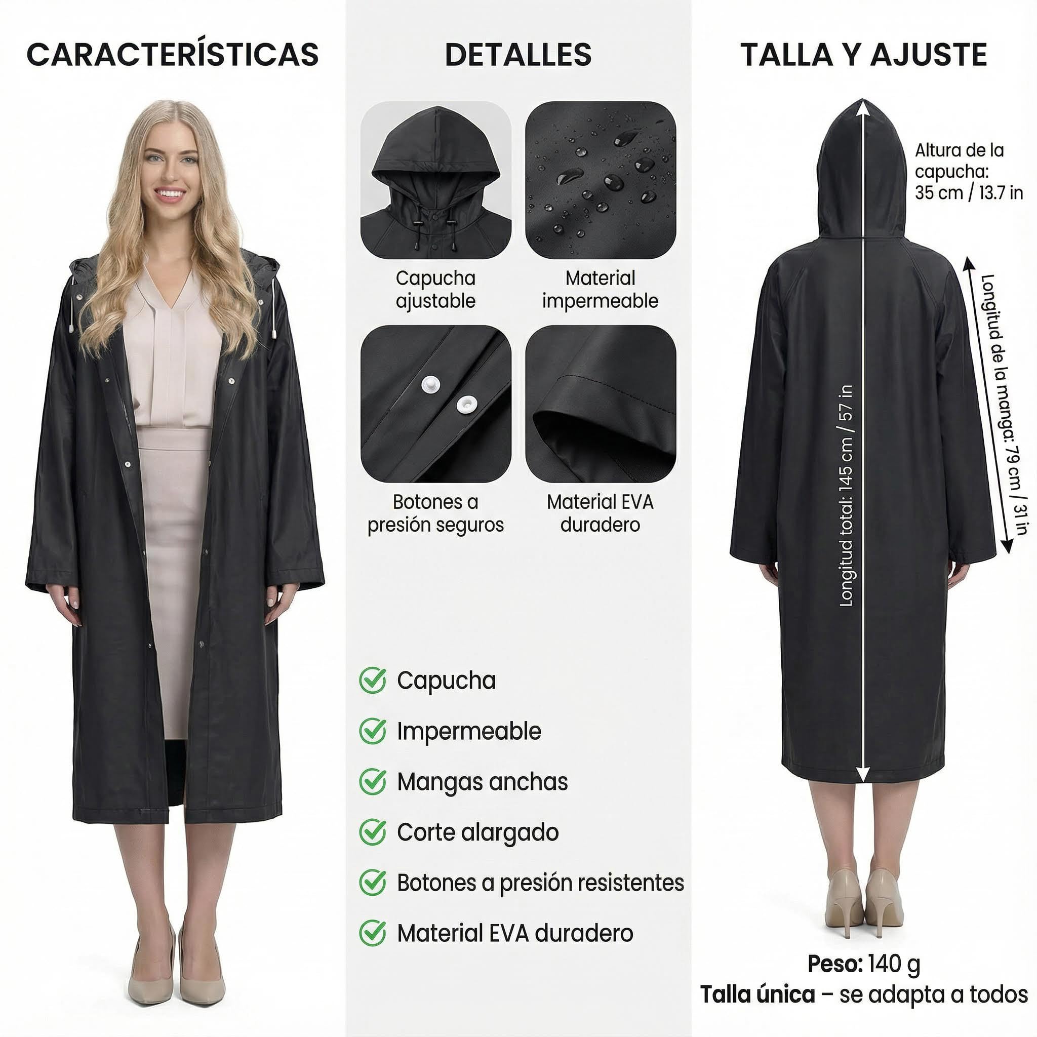 Poncho de Lluvia Impermeable con Capucha y Mangas, Reutilizable, Talla Única para Hombre y Mujer