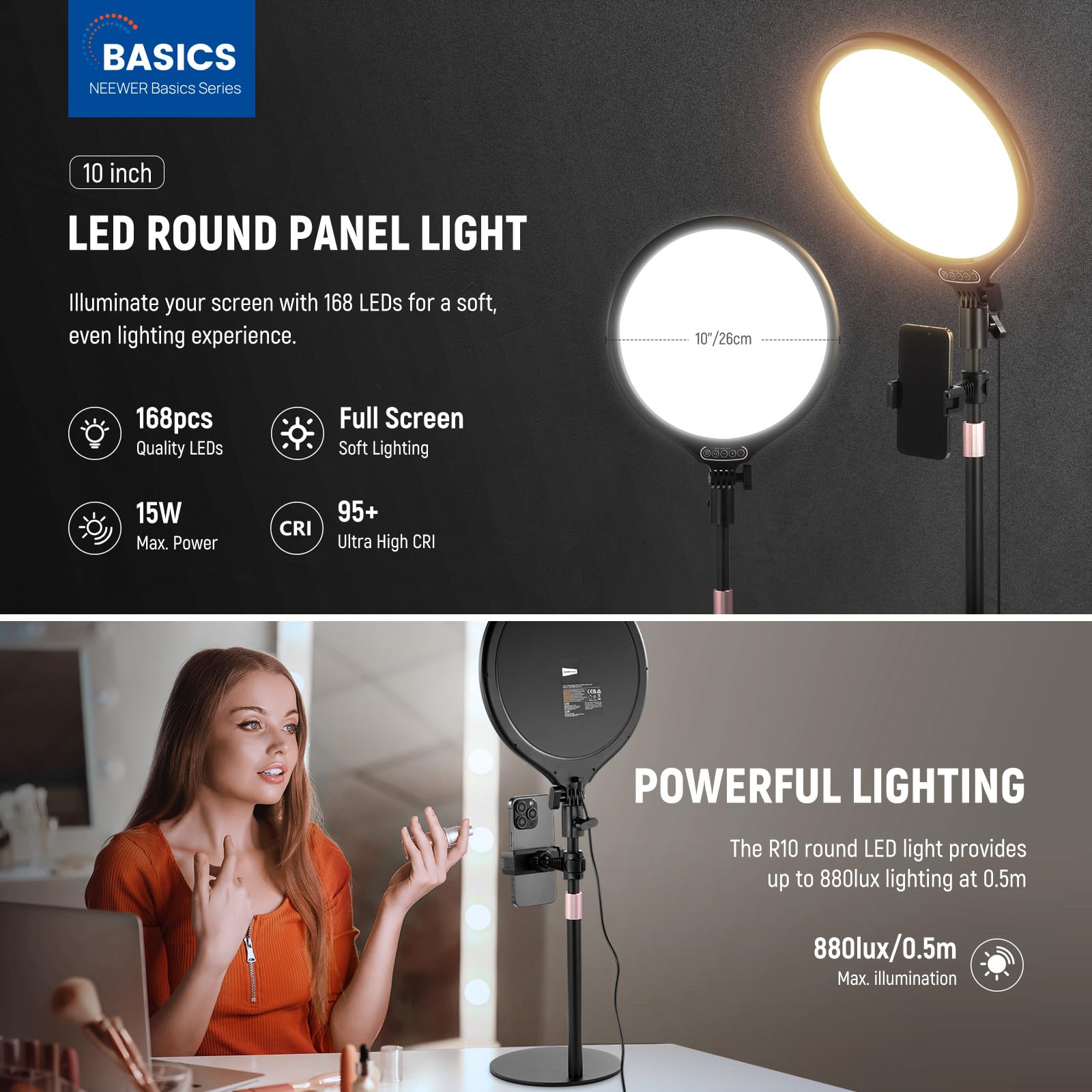NEEWER Basics 10,5" lampka na biurko w stojak/uchwyt na telefon/timer, Full Screen 15 W przyciemniany panel LED do selfie oświetlenie do nagrywania iPhone streaming, laptopa, kamera internetowa, wideo