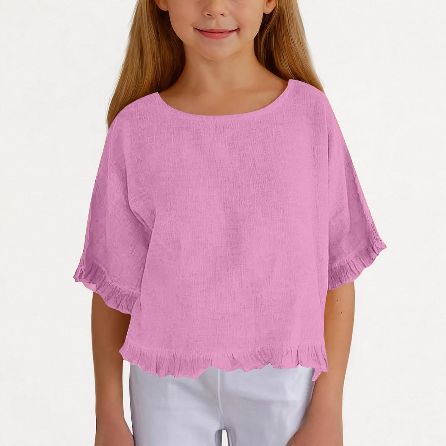 Casual Girls Linen Shirts Short Sleeve Lightweight Ruffle Tops 5 to 16 Years Kids Spring Linen Tshirt 2026