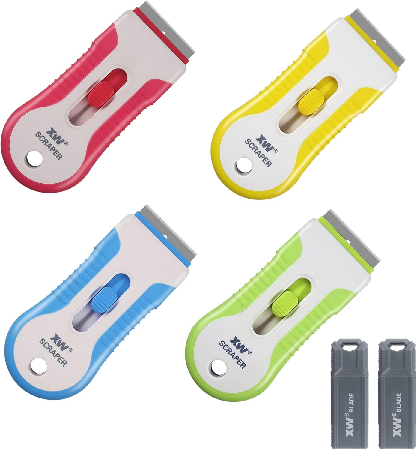 XW Razor Blade Scraper Set, Putty Knife Paint Scraper of Assorted Colors, Extra 44 Blades Included, 4-Pack