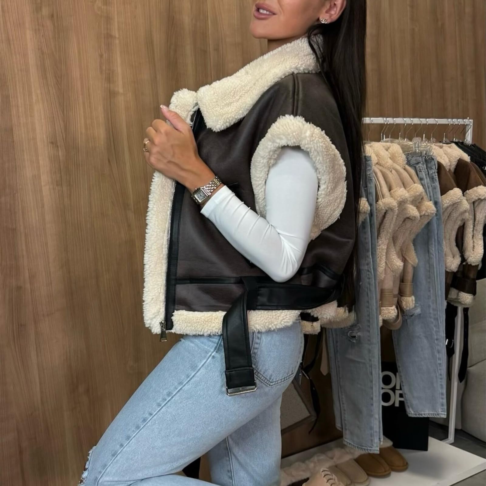 Generisch Ärmellose Weste Damen Kurz Lederjacke Damen Teddy Winterjacke Warm Bomberjacke Kunstleder Motorrad Jacke Vintage Übergangsjacke Elegant Revers Kunstlederjacke Mit Gürtel Motorradjacke