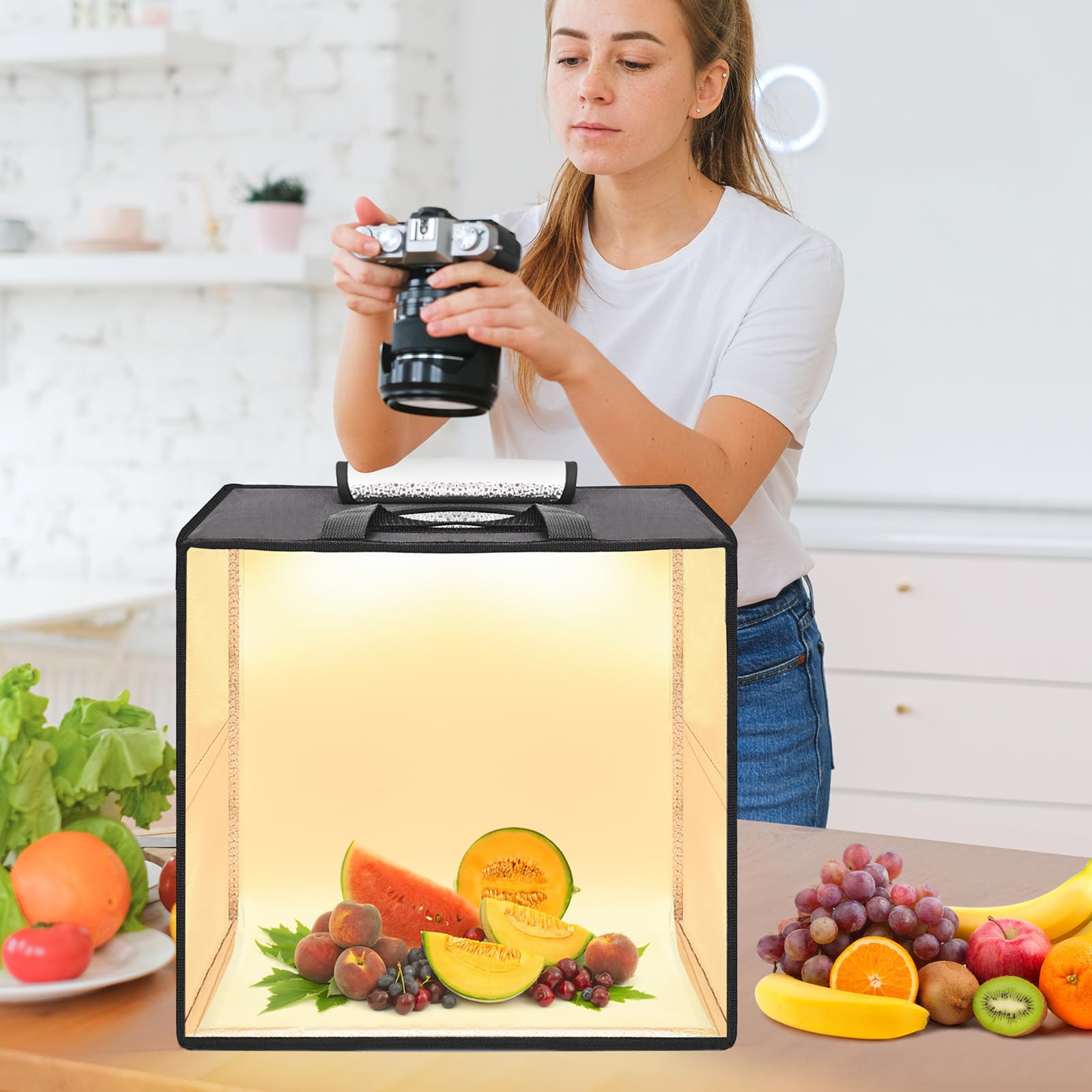 LUXCEO Portable Studio Light Box 40x40x40 cm,Set Studio Fotografico Portatile con 120 LED Luci Regolabili, CRI > 95 Con 6 colori Sfondo Facile da montare e trasportare