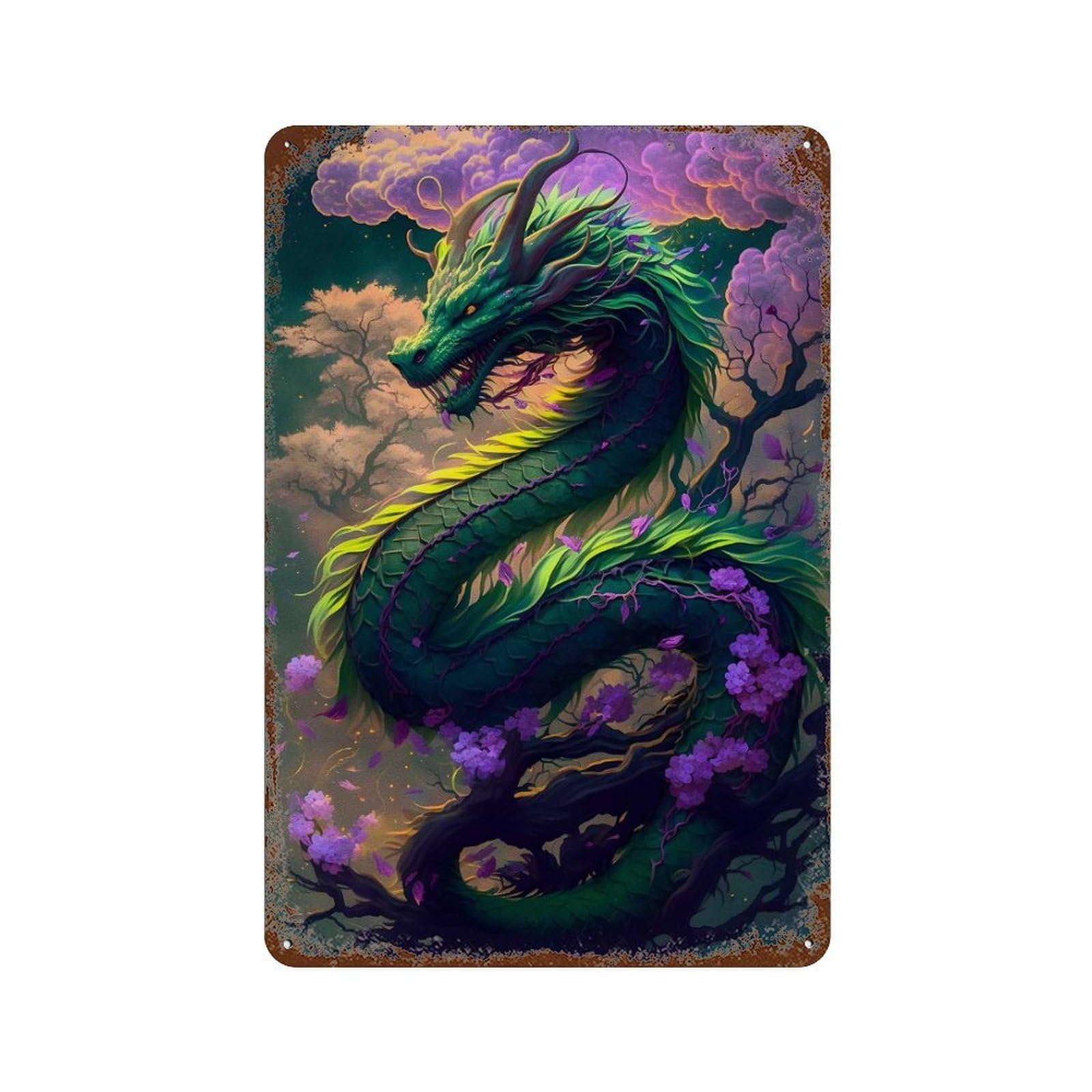 Green Dragon Flowers 11.8"x7.9" Distressed Metal Wall Sign, Shabby Chic Decor for Shed, Workshop And Garage Wall Decor