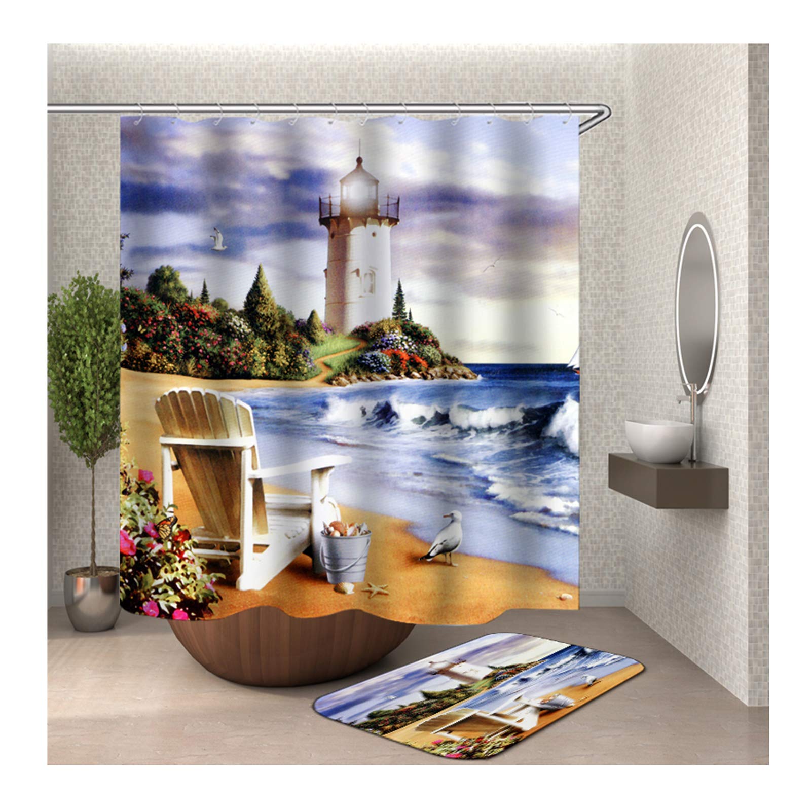 KnSam Zasłona prysznicowa przeciw pleśni, wodoszczelna, do łazienki, na plażę, 100% poliester, w zestawie 12 pierścieni, 180 x 180 cm