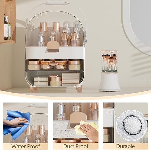 Miniatura 7 de Organizador de maquillaje, organizador de cuidado de la piel con cajones y tapa, caja de almacenamiento de cosméticos con asa, vitrina giratoria de