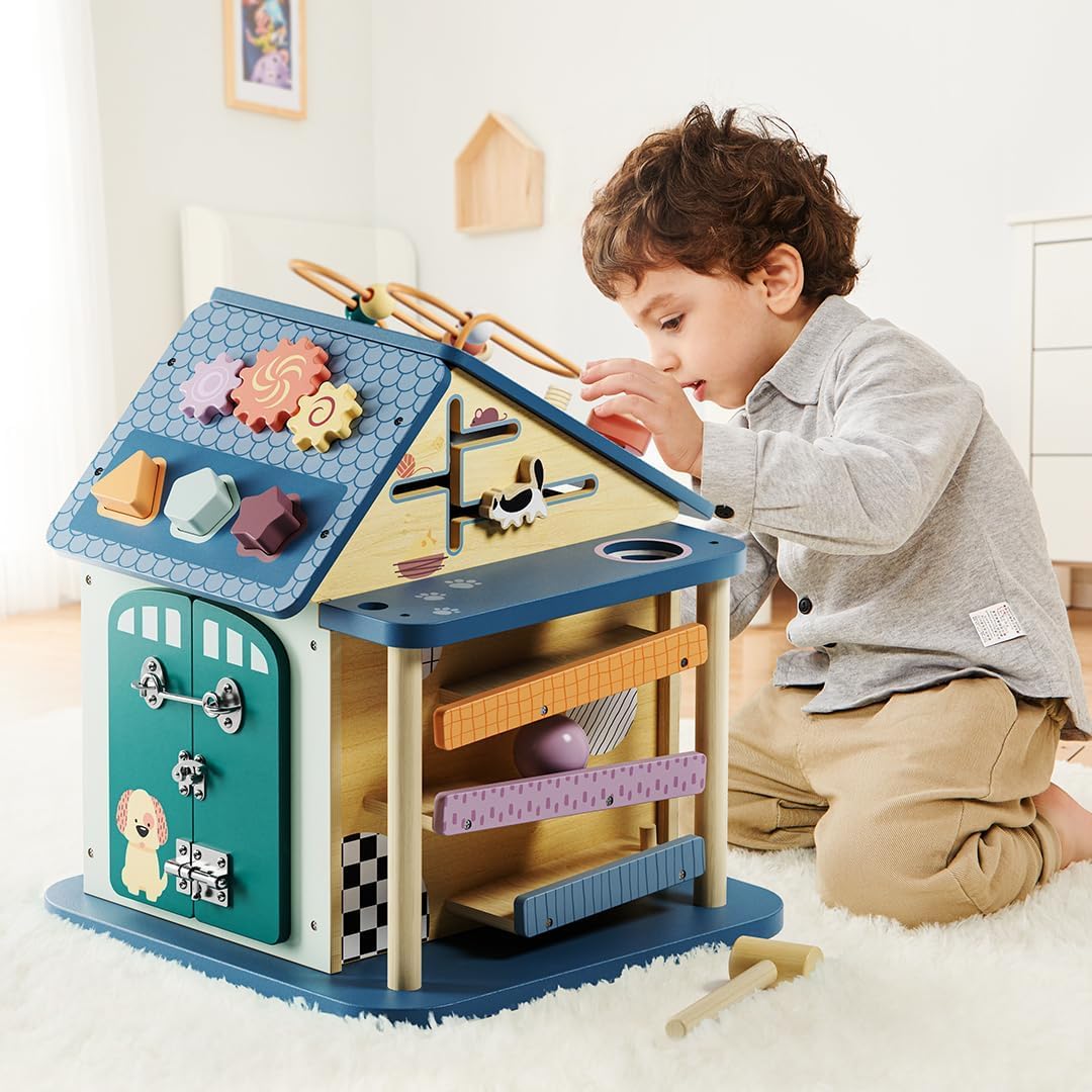 Activity Haus aus Holz personalisiert – 12-in-1 Motorikspielzeug ab 2 Jahre – mit LED-Elementen – Geschenkidee
