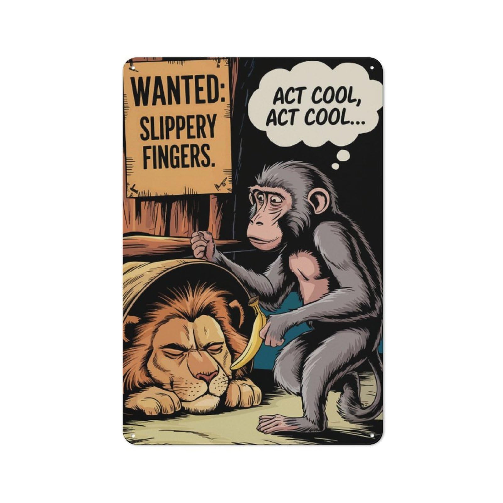 Monkey And Lion Cartoon Classic Metal Wall Decor 30x20cm, Decorative Metal Sign for Workspace, Cafe, Shop Or Desk Area
