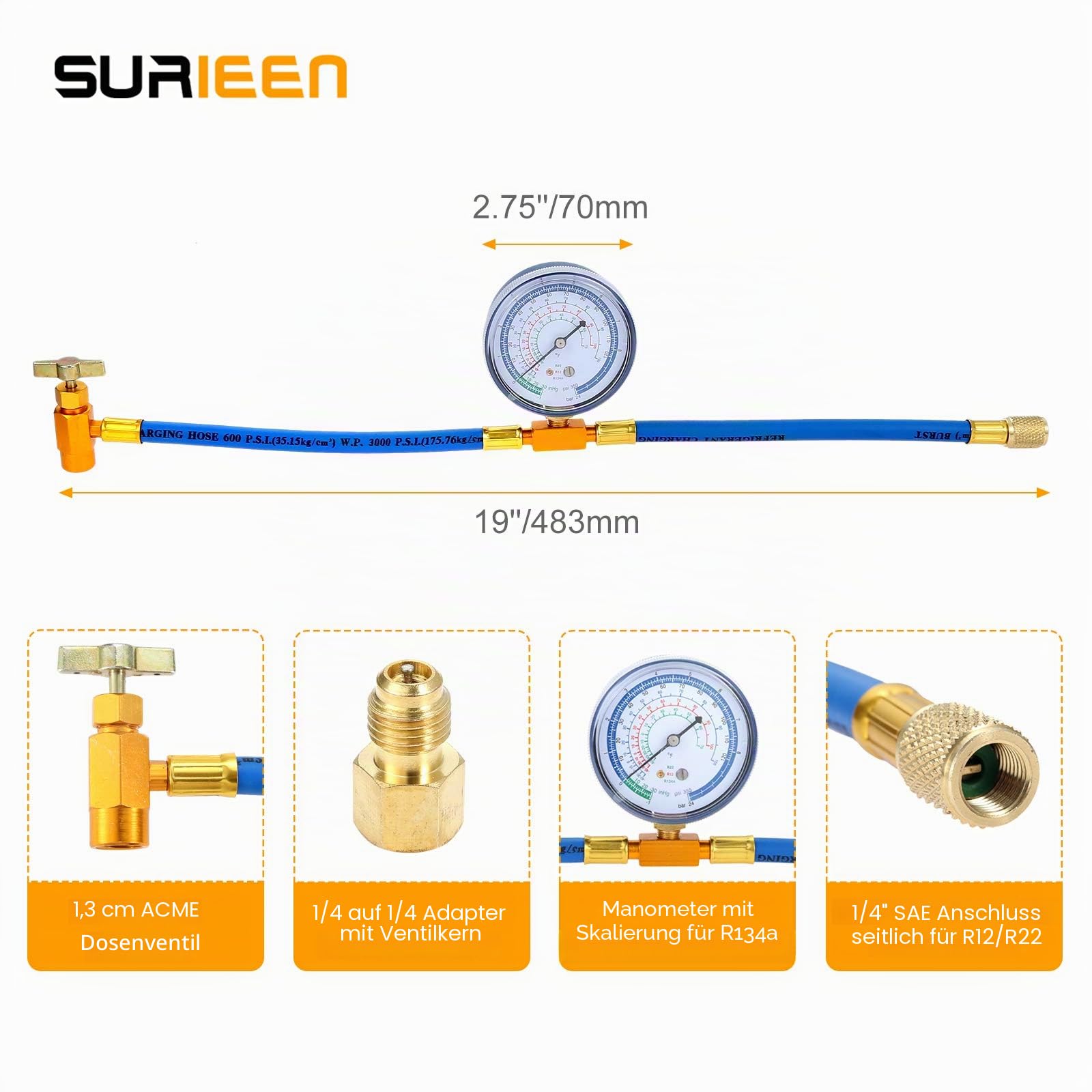 R134A AC Kältemittel Ladeschlauch Ventil Set | Manometer und BPV31 Bullet Piercing Tap Ventil-Set, 1/4 Zoll SAE Schlauch für R12 R22 Port, für Klimaanlage Kältemittelanlage