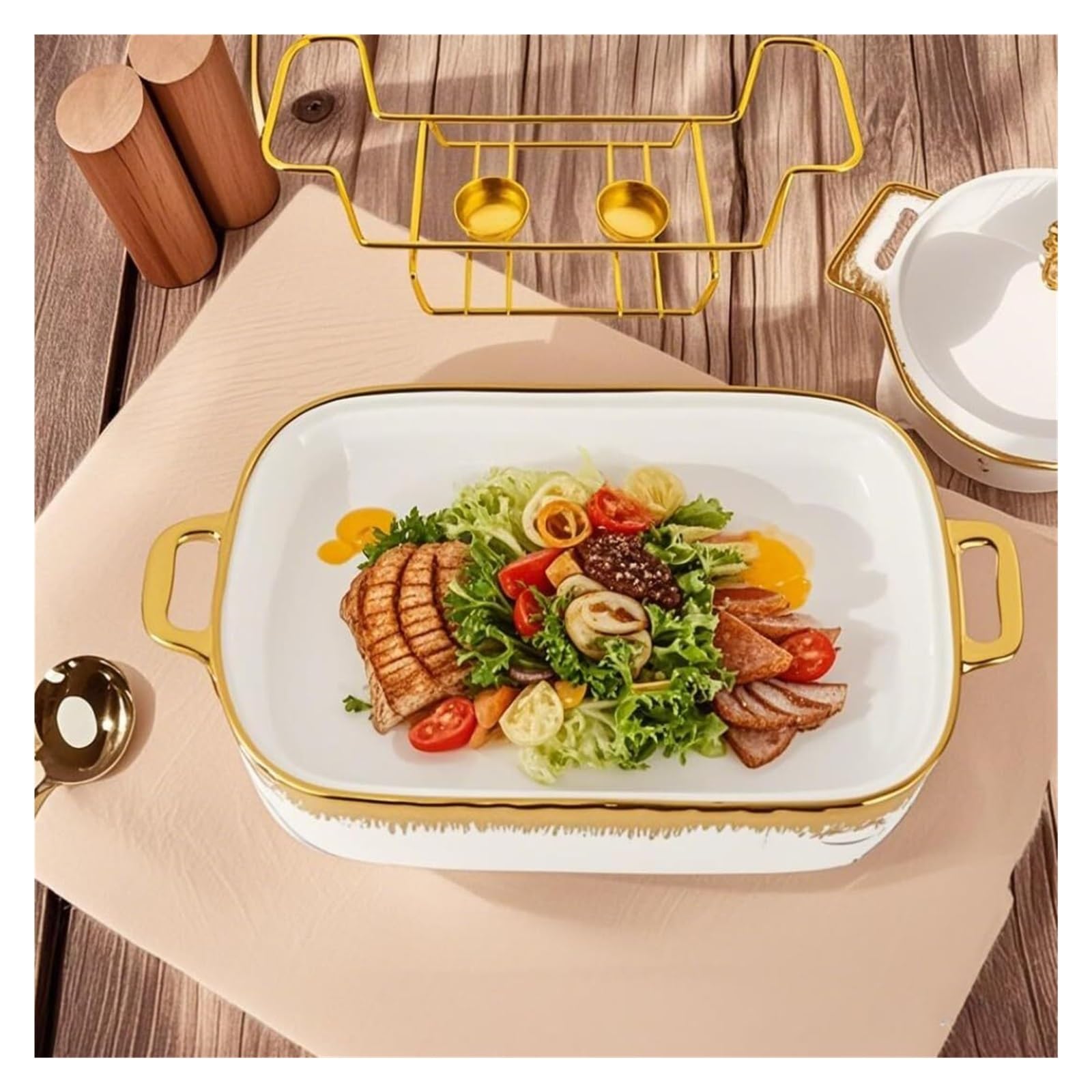 Scaldavivande in Ceramica Gold Chafer for Buffet | Pirofila rettangolare in ceramica piatto da portata con manici(L)