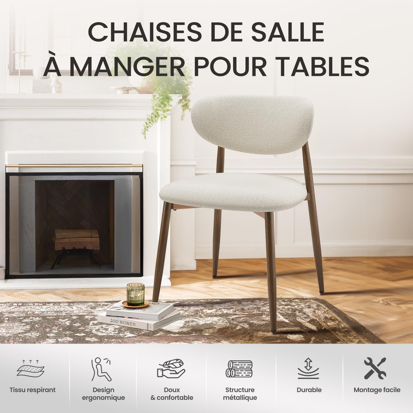 COLAMY Lot de 4 chaises de Cuisine et de Salle à Manger, chaises Modernes rembourrées avec Dossier Fixe, Assise en Tissu et Pieds métalliques, pour Salle à Manger, Cuisine, Restaurant, Couleur Beige