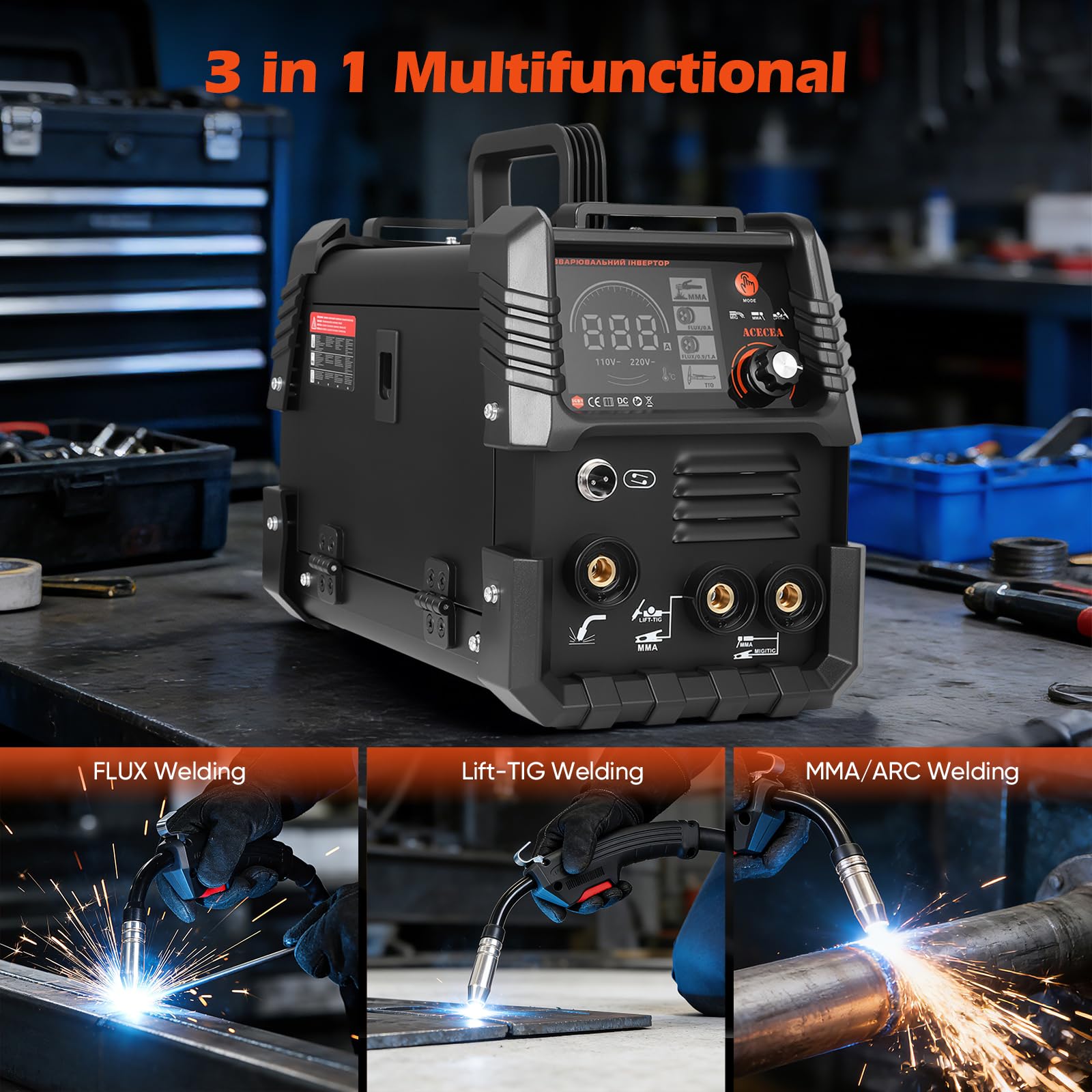 Saldatrice a Filo Continuo Senza Gas 120A 220V 3 in 1 FLUX Lift-TIG MMA/ARC Inverter IGBT Compatta