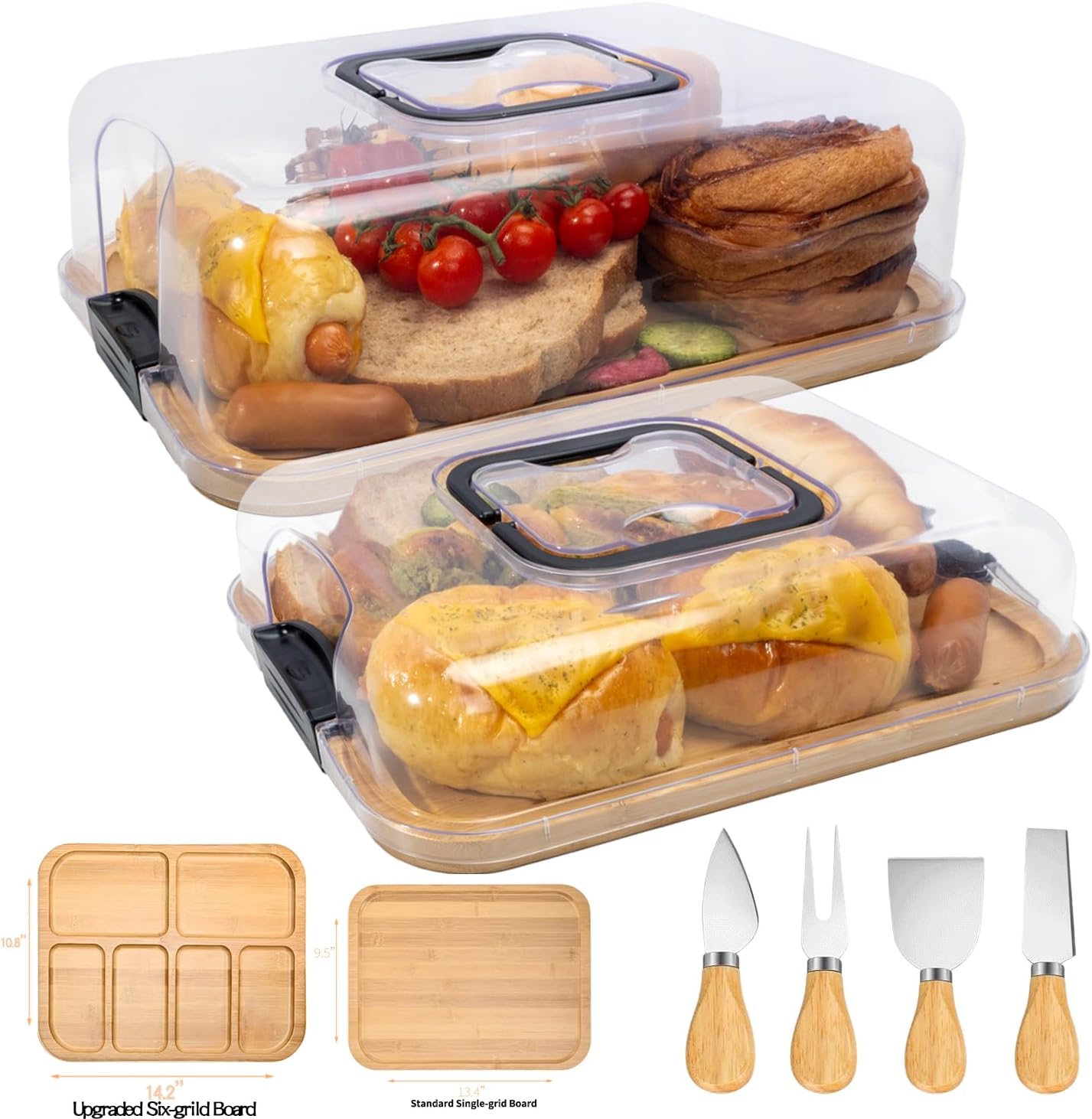 2-Pack Charcuterie Board with Lid - Reversible+ 4-Piece Stainless Steel Cheese Knives, Covered Snack Serving Tray-Large Food Platter，Travel Portable Cheese Board for Picnics & Entertaining - Image 3