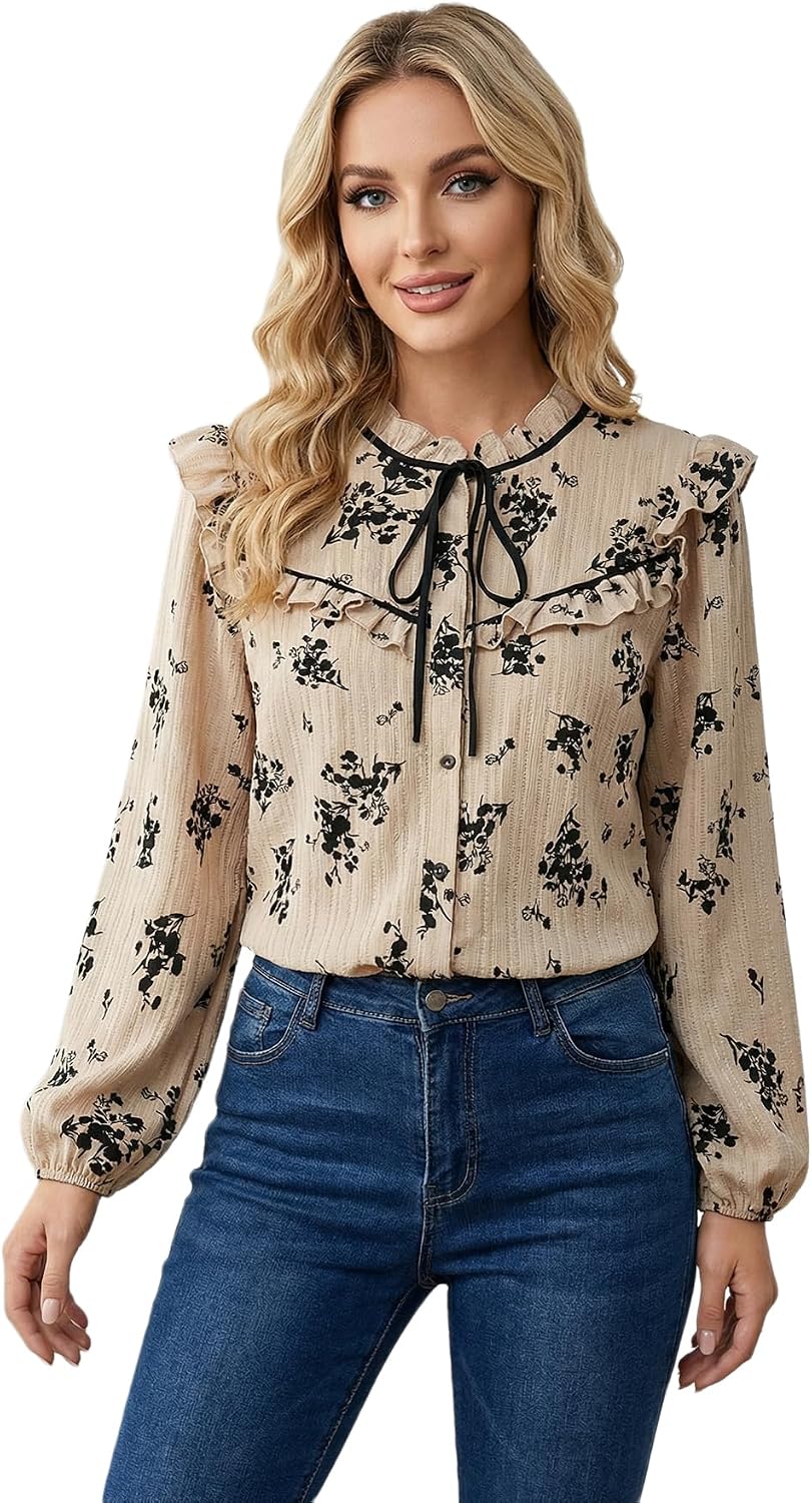 GORGLITTER Women's Floral Blouses Long Sleeve Tie Front Ruffle Button Down Shirt Boho Fall Trendy Blouse