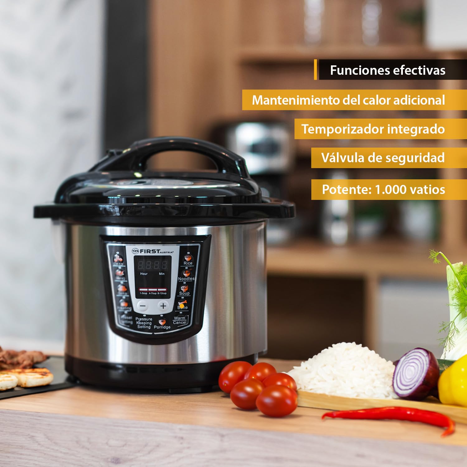 TZS First Austria - Olla a presión eléctrica 6L con 9 programas automáticos - Multicooker 1000W como arrocera, vaporera, Crock Pot, etc. - Multiolla eléctrico a presión