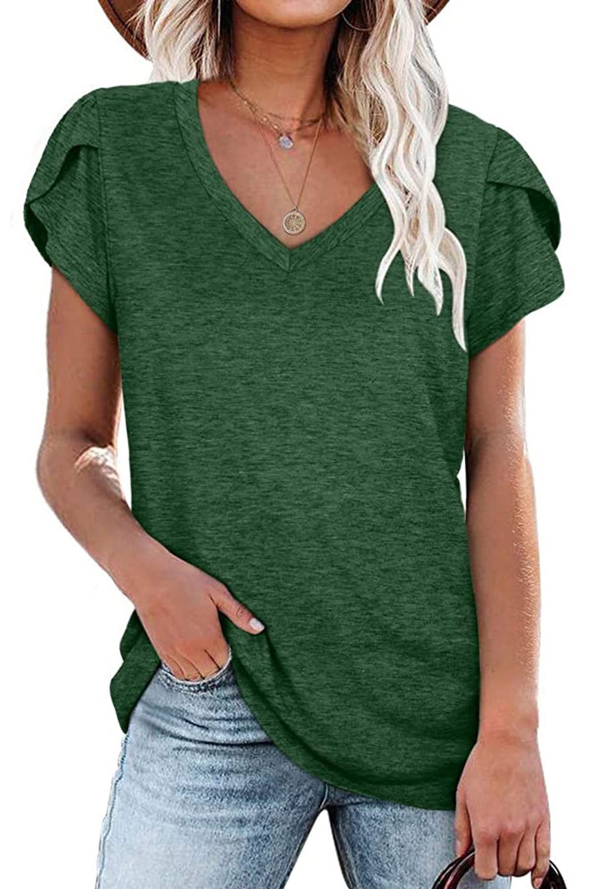 FANGJINWomen's Short-Sleeved V-Neck T-Shirt Large Size Chic Summer Top