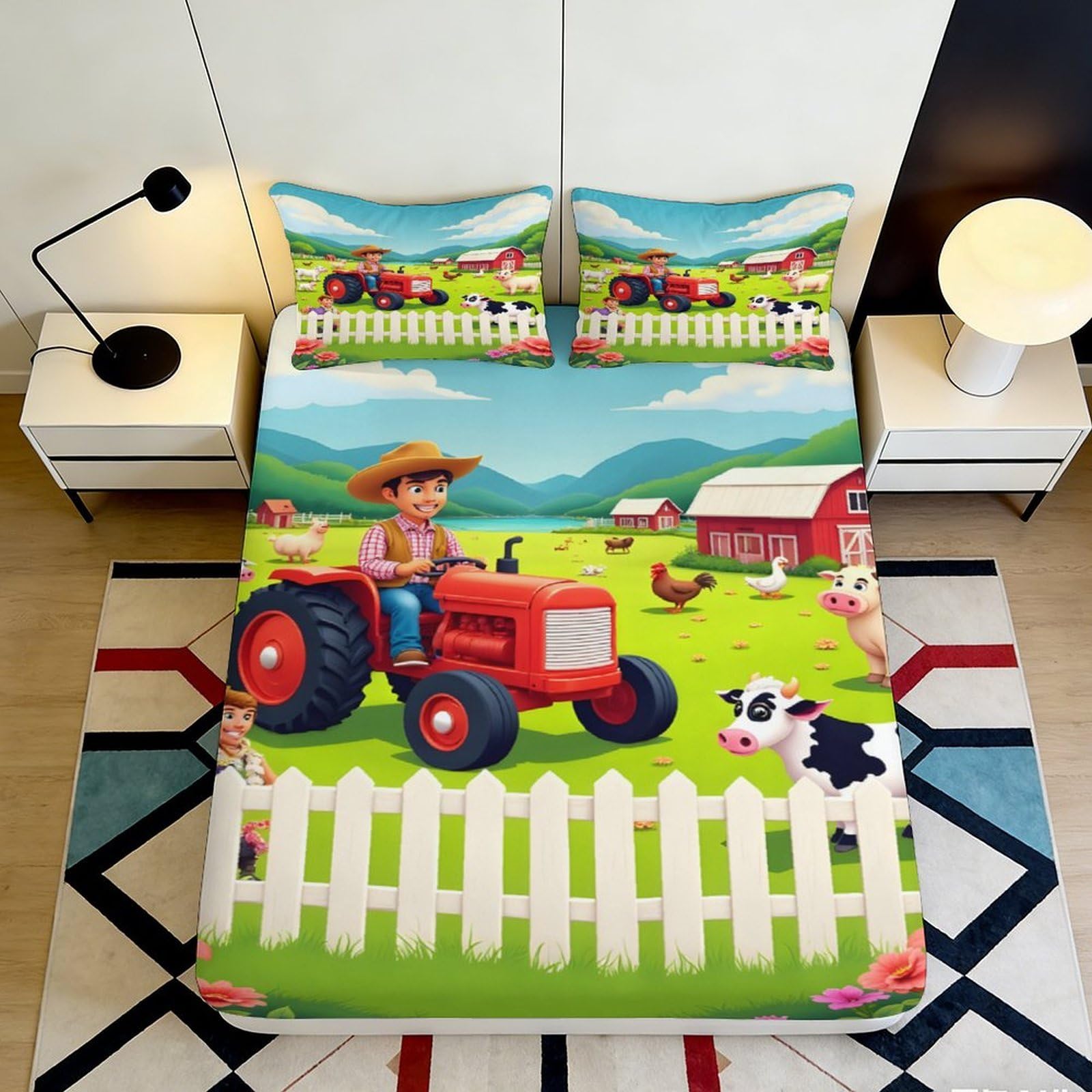 3D Printed Farm Tractor Fitted Sheet Microfiber Soft Cartoon Barnyard Animal Mattress Cover for Bedroom Guest Room 200x200x25cm