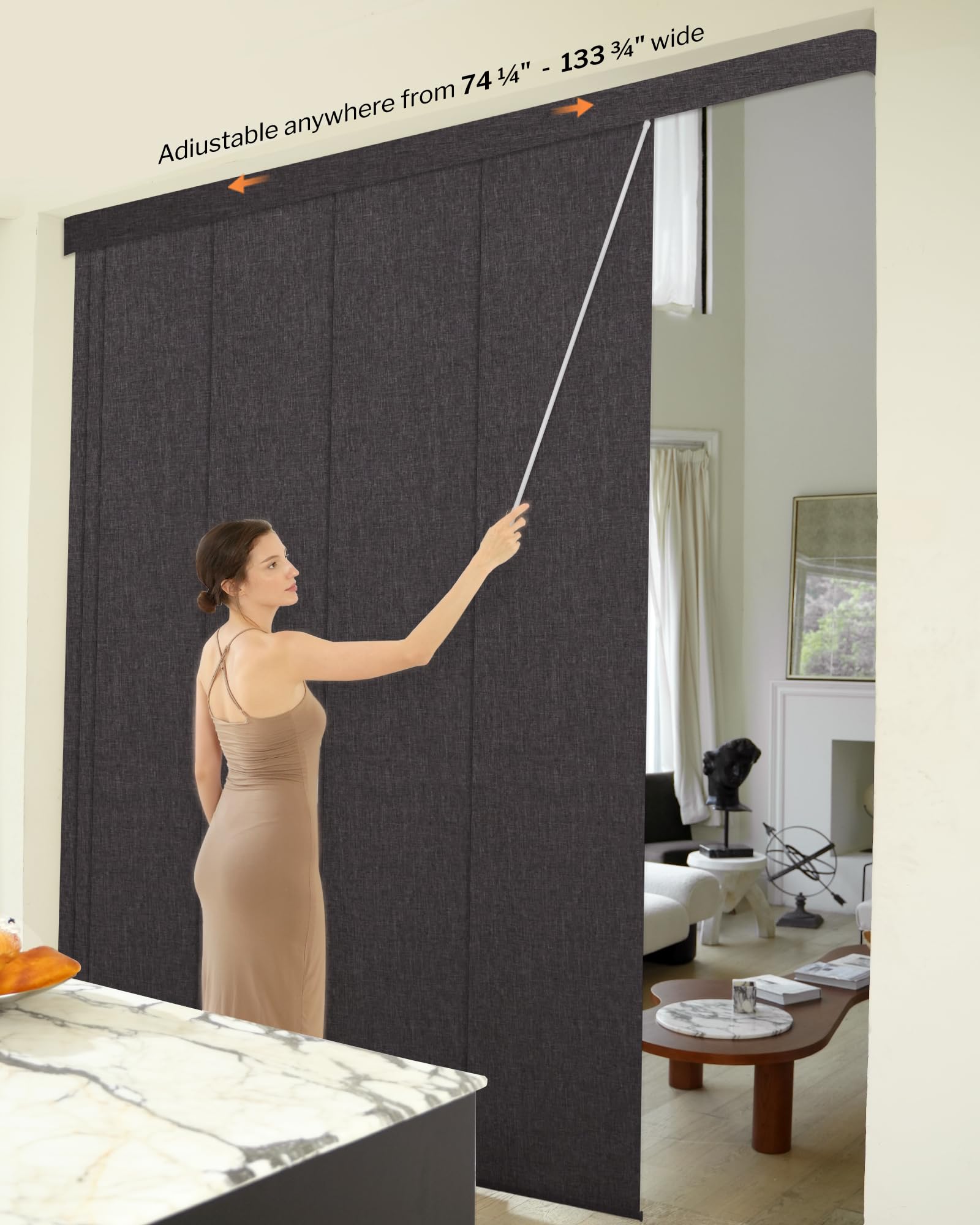 Condition photo showing New/Like New for heefen adjustable panel track blinds blackout vertical blinds with valance, sliding glass door blinds, room dividers, retractable track from 74" to 133" w, trimmable panel up to 102" h (dark grey)