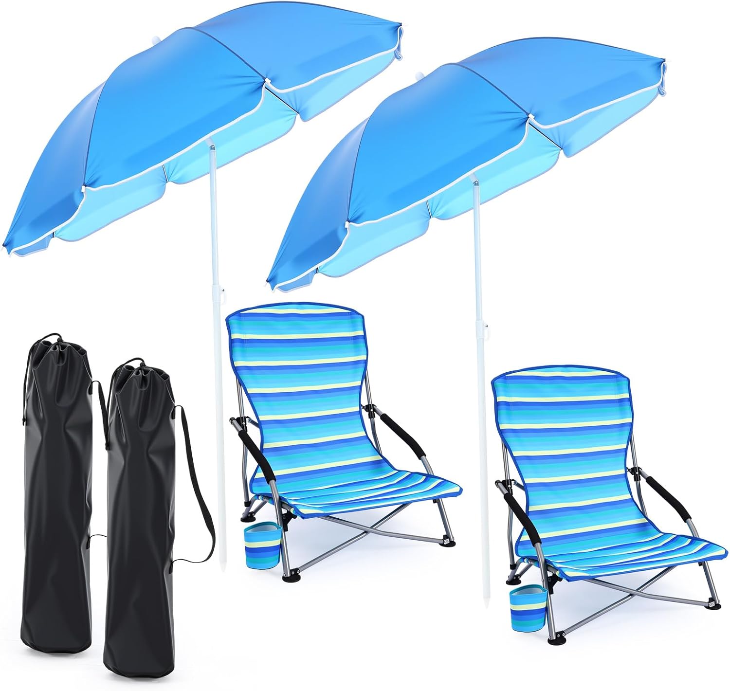 Huwena 2 Pack Beach Chair for Adult with 2 Umbrella Low Folding Chair Detachable Adjustable Lightweight with Armrests Cup Holder Carry Bag Portable for Sand Camping Travel Outdoor Pool(Yellow Green)