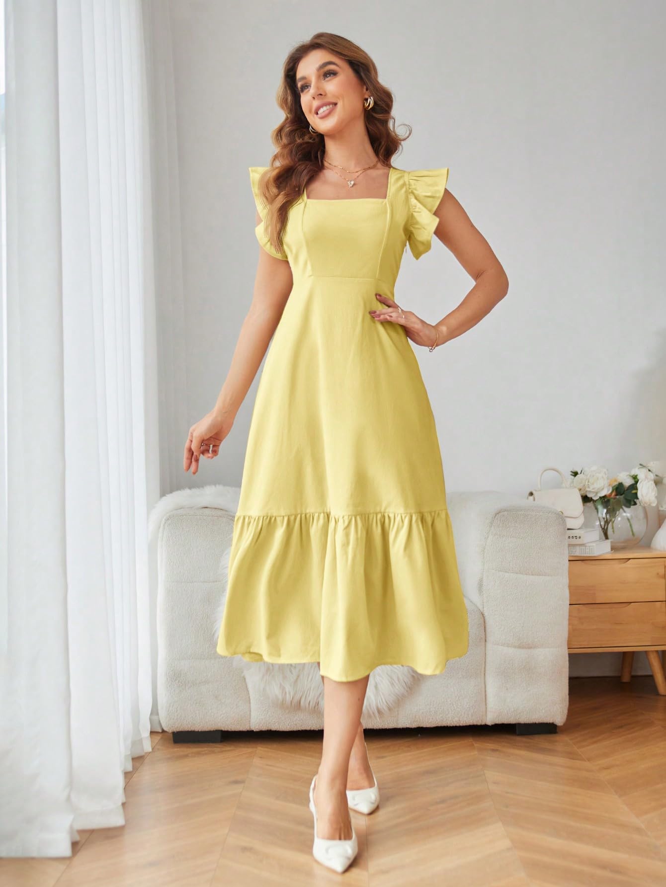 Shasmi Girl's & Women's Solid Yellow Color Square Neck, Ruffle-Trimmed Hem Sleeveless, Ruffle Armhole and Casual Dress with Cinched Waist Vacation Outfits Woman (Dress 162 Yellow-M) - Image 3 thumbnail