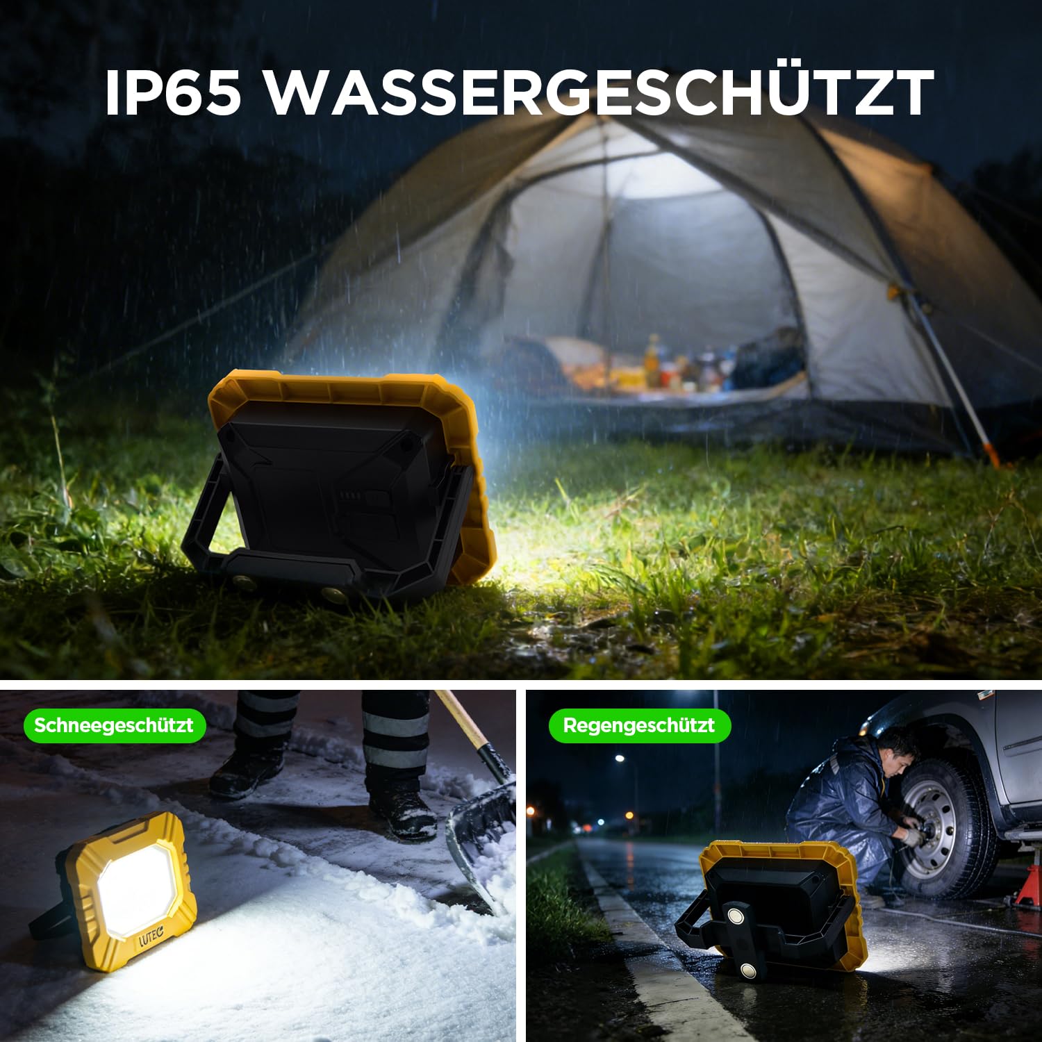 LUTEC 3500LM LED-Arbeitsleuchte, wiederaufladbare Magnet-Arbeitsleuchte mit Ständer, tragbare 5000K Flutlichtleuchte für Autoreparatur, Angeln, Camping, Notfälle, Wandern, 3 Modi (1 Stück)