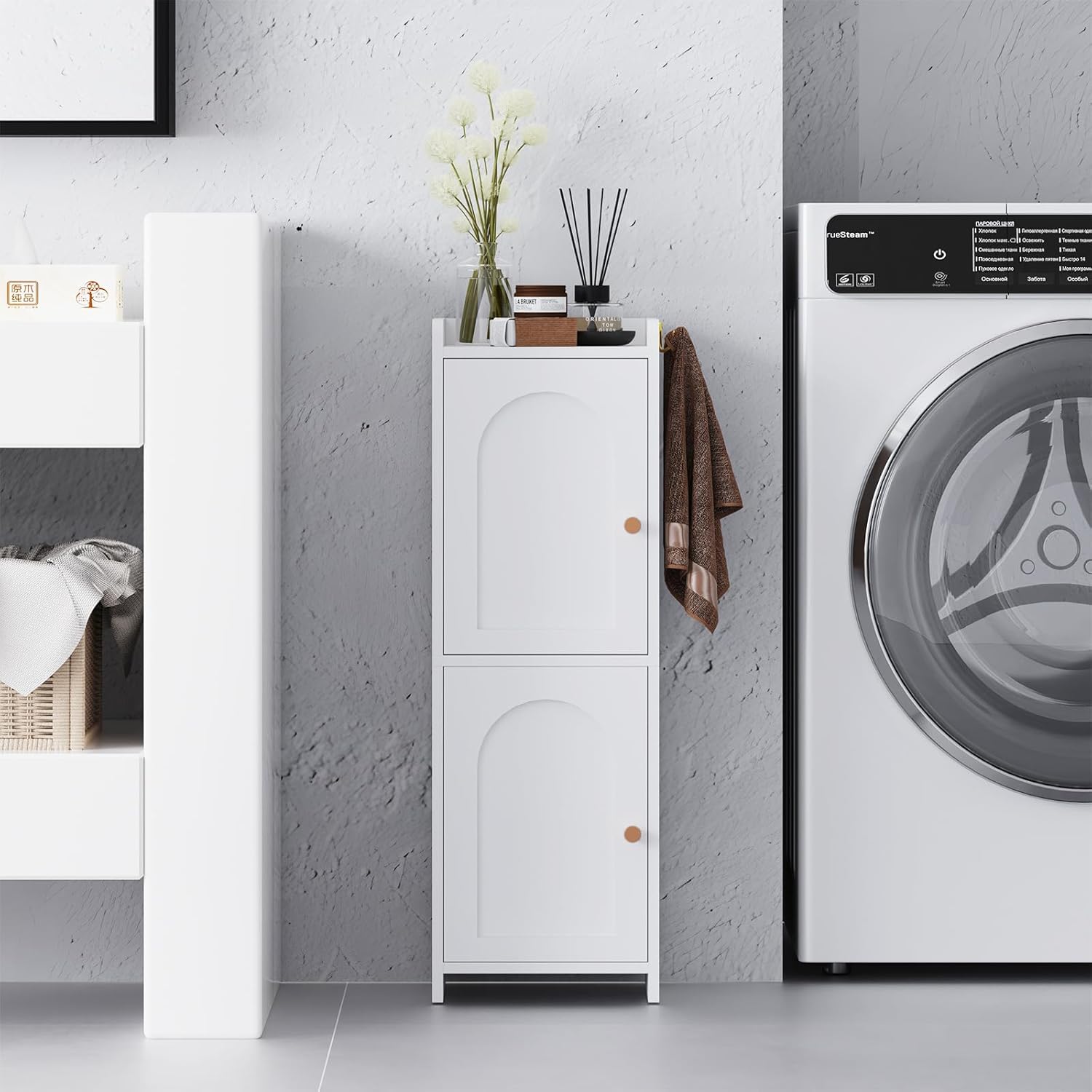 Small Bathroom Storage Cabinet,Corner Floor Cabinet with 2 Doors and Adjustable Shelf, Narrow Toilet Paper Cabinets with 2Hooks,Toilet Organizer for Small Spaces，7.87"D*9.84"W*29.72"H(White)