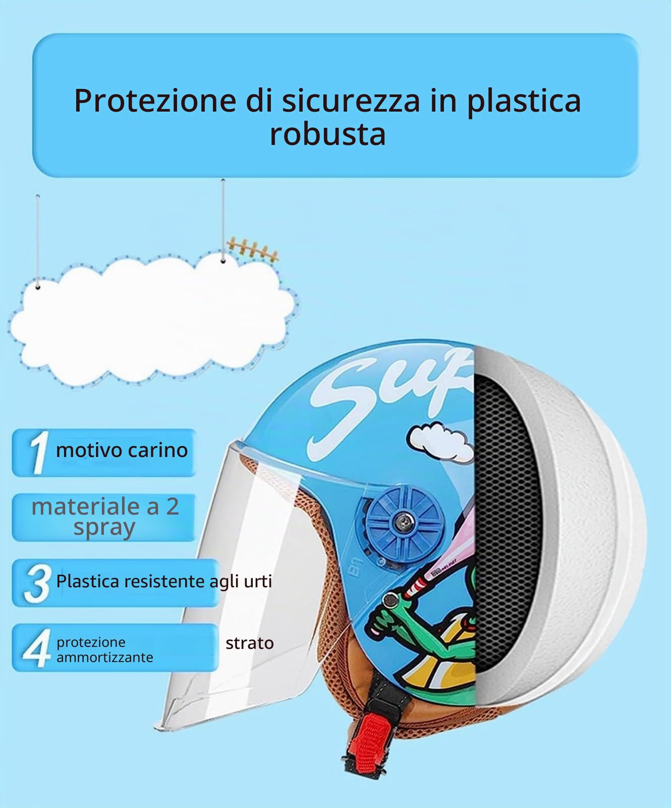 Casco Mezzo Casco Moto Bambini Visiera Parasole Aperto Omologato DOT/ECE Leggero Estivo A,48-58cm