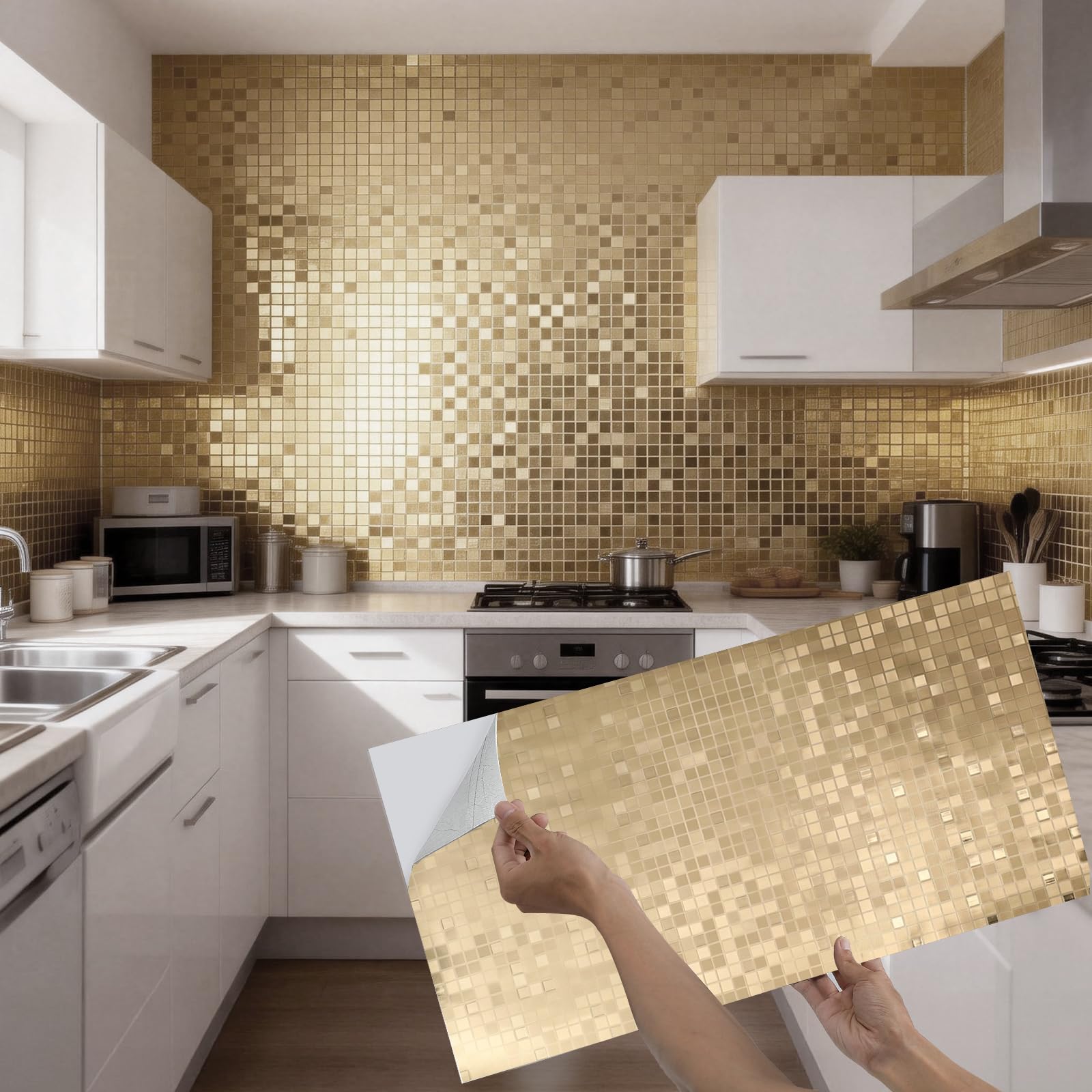 Takezuaa 50pcs Mosaic Style Decorative Tile Stickers, 30x60cm Self Adhesive Wall Tiles,Waterproof Peel and Stick on Wall Tiles for Kitchen Bathroom Transformation - Champagne — image 1