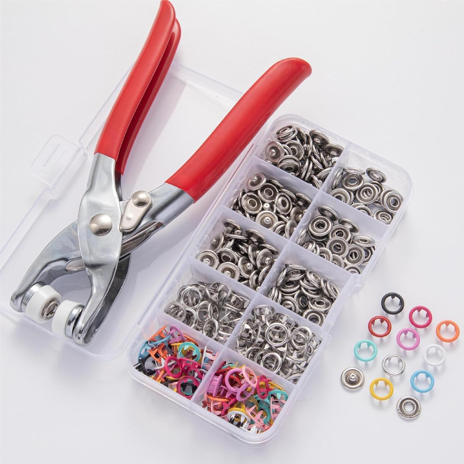 StapX (100 pcs) Sewing Machine Tools Box Kit – 9.5mm Metal Fasteners kit, Hand Tool for Home Tailoring, Press Stapler Set, Stitching Plier, Household Sewing Kit, Color Tailor Bag, Baby Button Making, Material Cutting & DIY Stitching Use-image-15