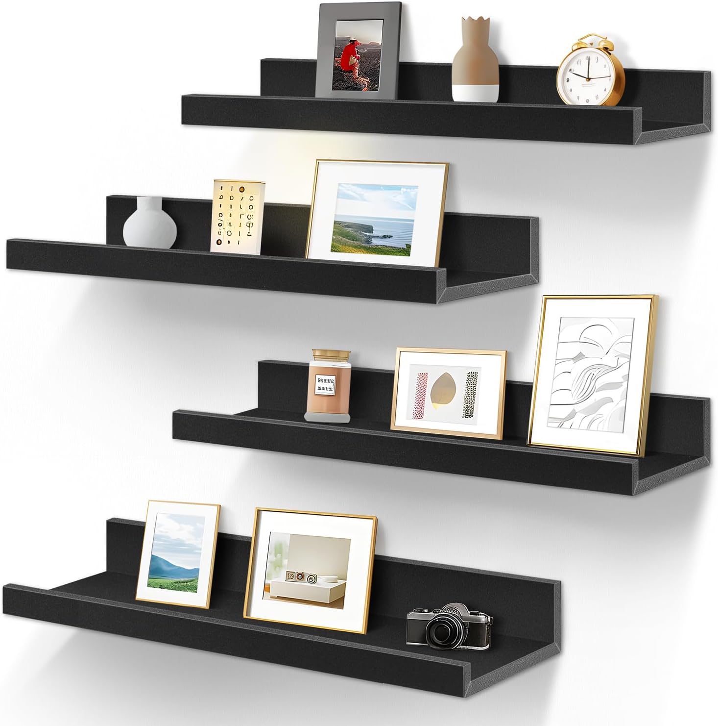 LaVie Home 23.6-Inch Black Floating Shelves for Wall Storage Set of 4 - Modern Minimalist Picture Ledge Shelf Wall Decor for Kitchen, Bedroom, Bathroom, and Living Room
