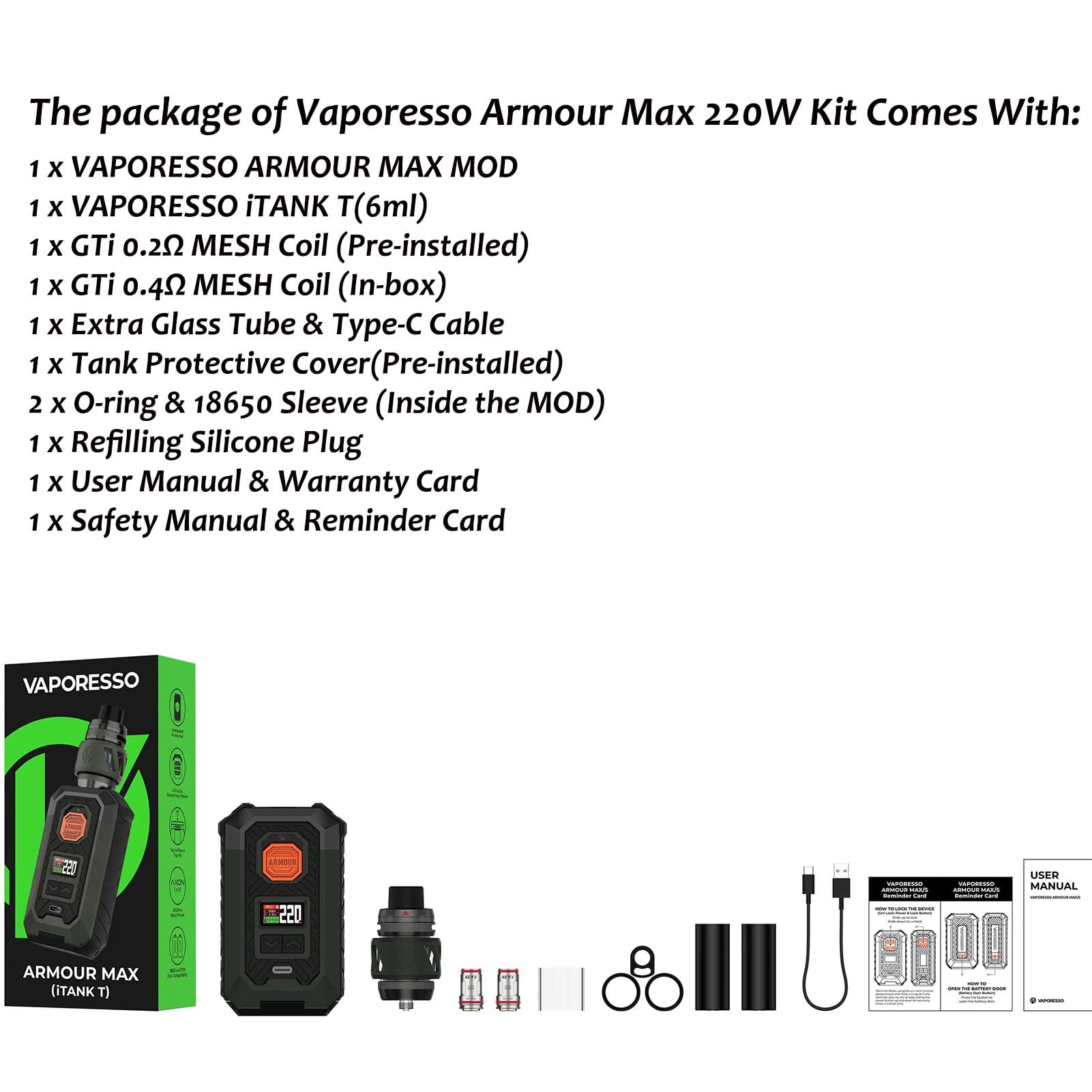 Vaporesso ARMOUR MAX Kit[ iTank T Edition ] 220W Armour Max Mod with 6 ml Top Tilling itank T Atomizer, Support GTI Coil (0.2Ω/0.4Ω), No Battery, no nicotine (ARMOUR MAX Kit（itank T) Camo Brown)