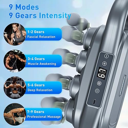 Miniatura 4 de Juego de 28 pistolas de masaje de cabeza, pistola de masaje de espalda de mano, tejido profundo, 9 velocidades, masajeador muscular de percusión