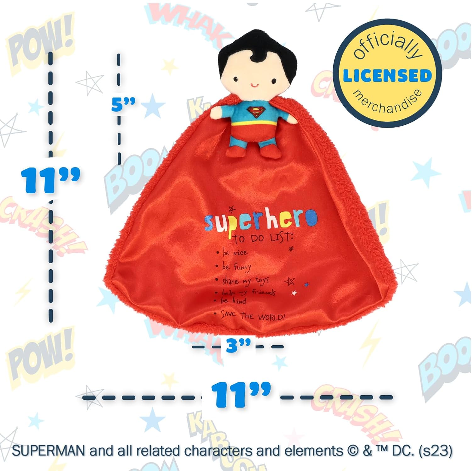 Kids Preferred DC Comics Superman Lovey Security Blanket, Soft Huggable Dark Knight Plush Lovey Toy for Baby and Infant Boys and Girls, Textured Blanket with Satin Super Hero to Do List