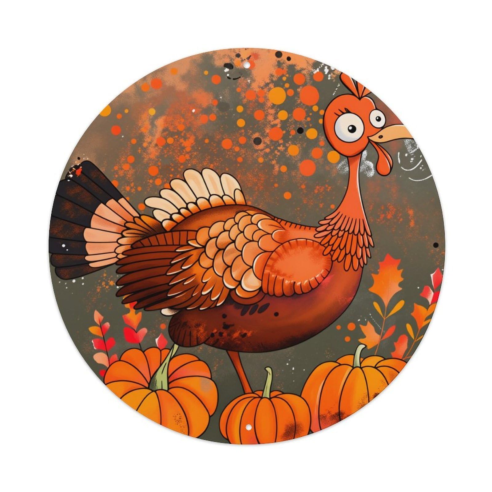 Turkey Autumn Pumpkins Leaves Orange Round Tin Sign Vintage Metal Poster Retro Bar, Home, Man Cave, Kitchen, Laundry Room Wall Art Decor Gift 8x8Inch