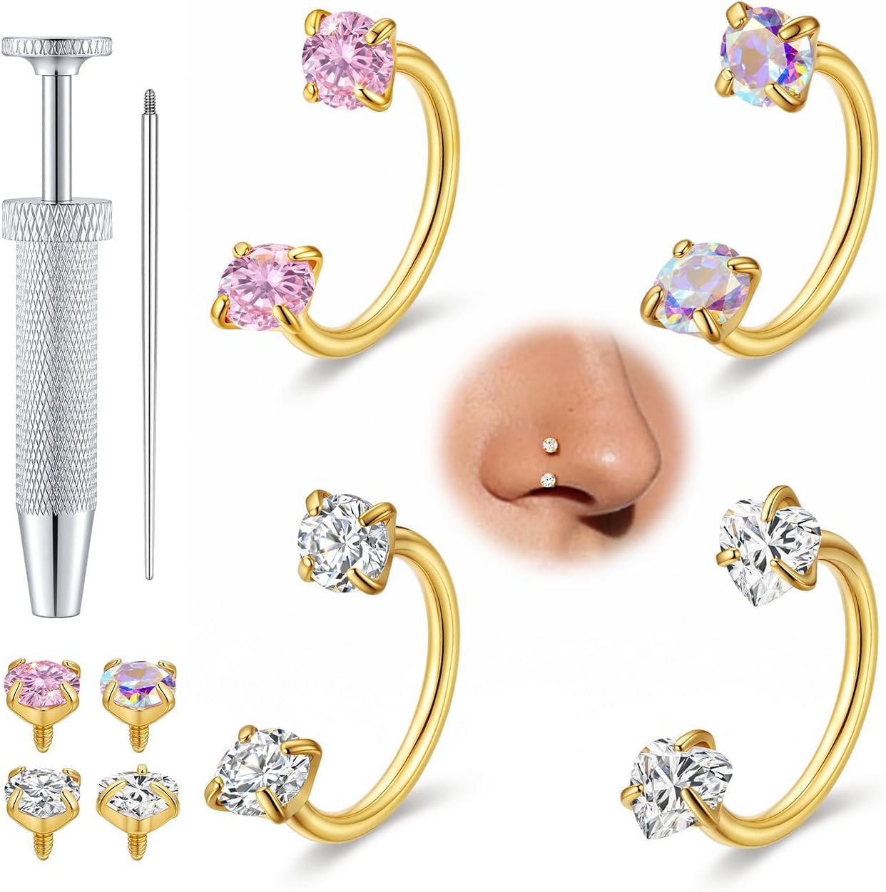Turandoss 4 Pairs Horseshoe Nose Rings for Women | 20G 18G Double Gem Horseshoe Nose Ring for Women, Surgical Steel Septum Cartilage Helix Tragus Labret Lip Piercing