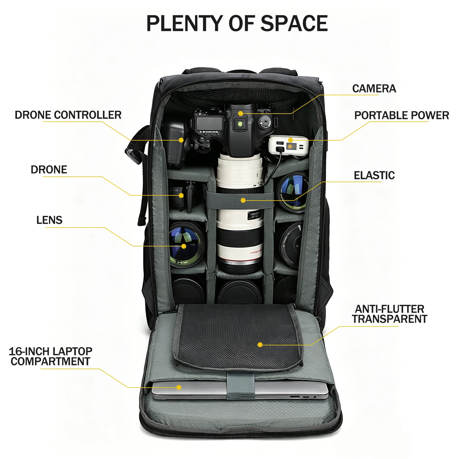 Zaino Fotografico Multifunzionale, Borsa Fotografica con Scomparto per Laptop da 16 Pollici e Antifurto, Zaino Impermeabile per Treppiede, Fotocamera, Obiettivi e Accessori (Grigio)
