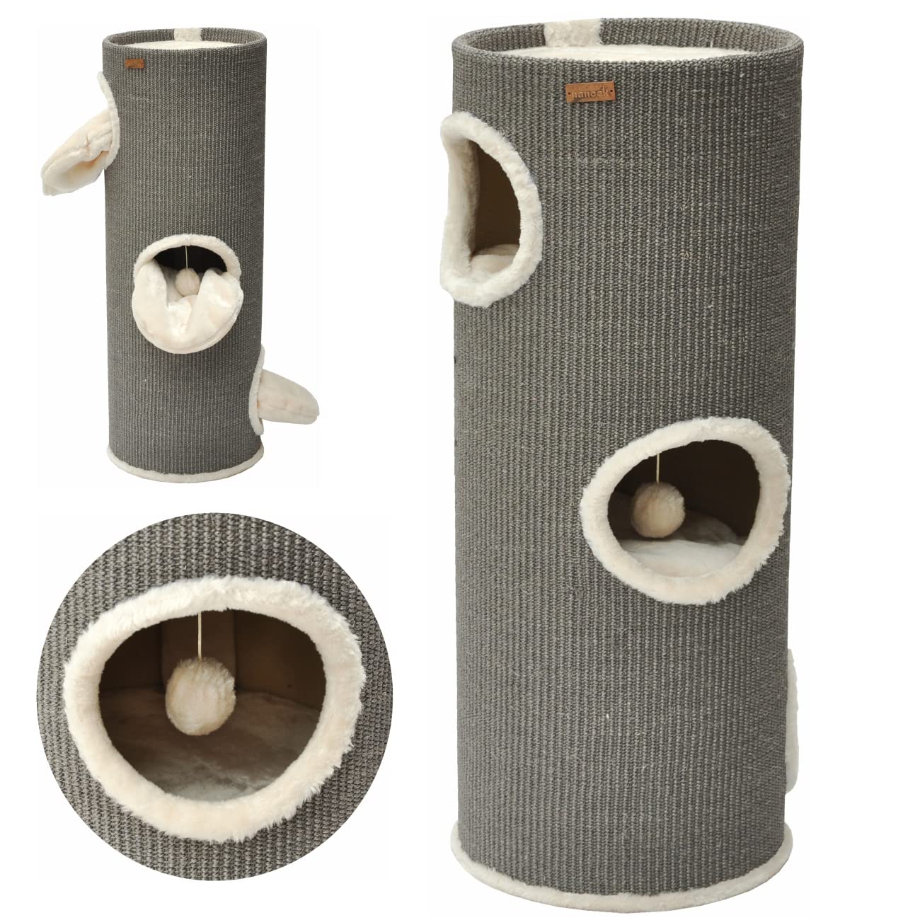 nanook Kratztonne Kratzbaum Oskar - Spieltonne für Katzen XXL mit 3 Höhlen und Spielball - Höhe 100 cm Ø 37 cm - Farbe: grau