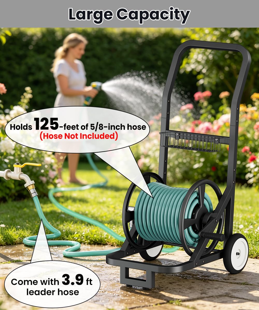Artigarden Carro de carrete de manguera de jardín con ruedas, soporte móvil de acero con recubrimiento en polvo resistente para mangueras de agua de 120 pies 5/8 pulgadas con manguera líder de 4 pies