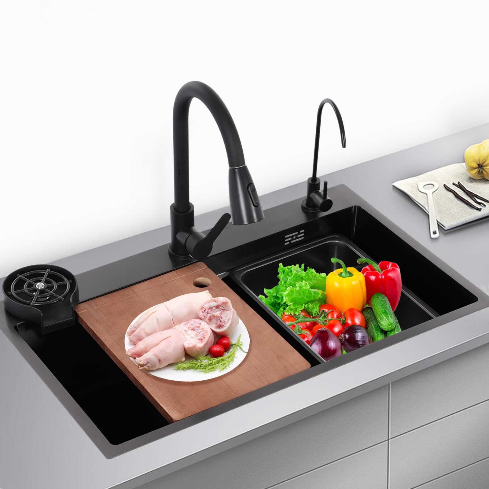 MINRS Évier de cuisine noir avec robinet, 75 x 45 cm, encastrable avec lave-vaisselle à tasses, planche à découper et égouttoir, 1 bac avec trois modes de sortie d'eau