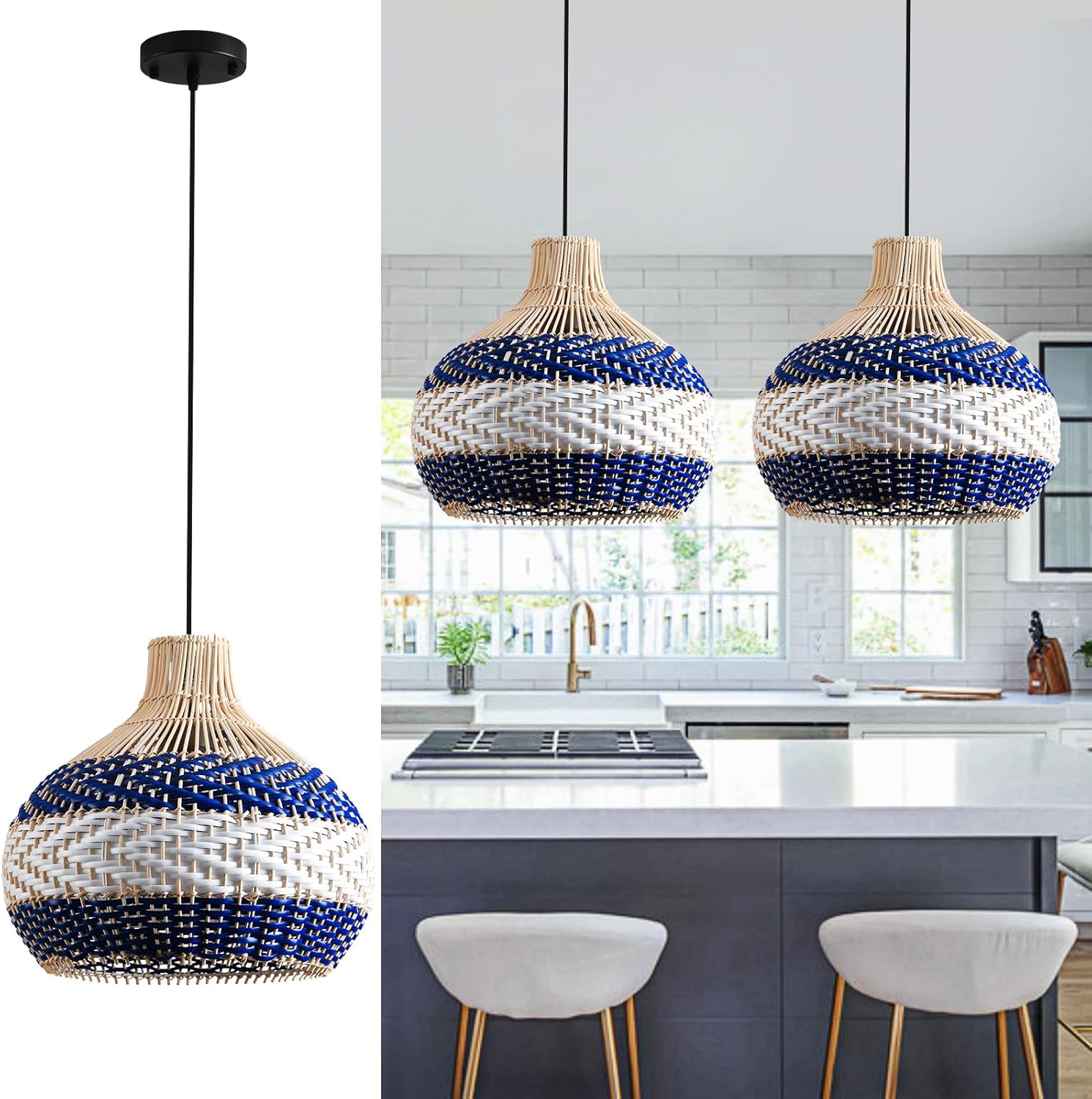 3-Light Rattan Pendant Light 15" Hand-Woven Blue White Wicker Basket Chandelier1-Pack Boho Faux Rattan Hanging Light,for Living Room Bedroom Kitchen Hallway Dining Farmhouse Blue White 1-Pack 15"