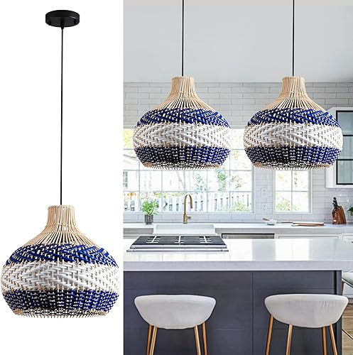 Lámpara colgante de ratán de 3 luces de 15 pulgadas, tejida a mano, color azul y blanco, 1 lámpara colgante de ratán sintético bohemio, para sala de