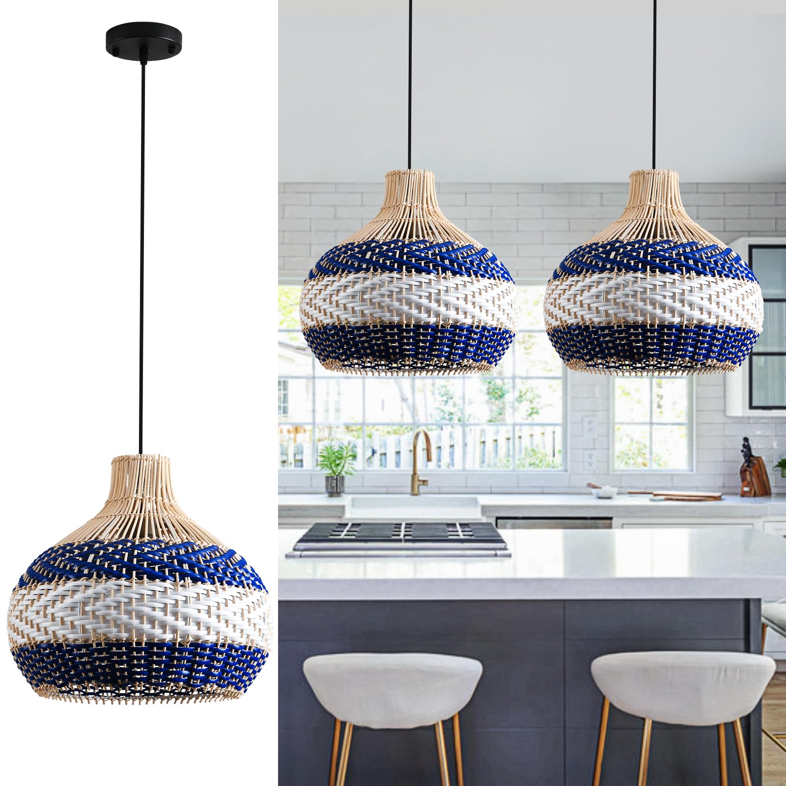 Teru Ji Kaikang 3-Light Rattan Pendant Light 15" Hand-Woven Blue White Wicker Basket Chandelier1-Pack Boho Faux Rattan Hanging Light,for Living Room Bedroom Kitchen Hallway Dining Farmhouse