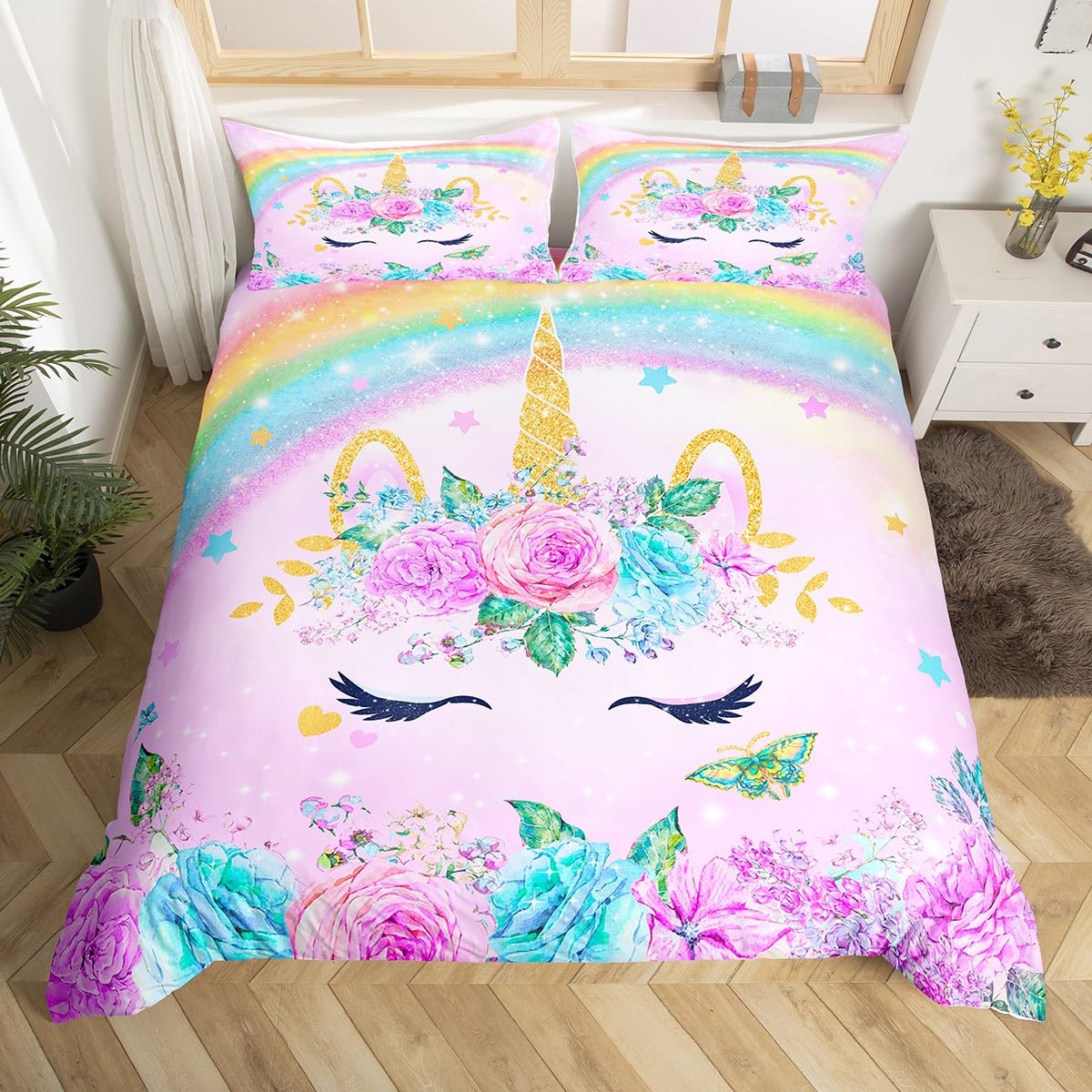 Homemissing Einhorn Bettwäsche Set 135x200cm für Kinder Mädchen Schlafzimmer Dekorationen Teens 3D Lila Einhorn Regenbogen Bettbezug Set Ultra weiche und fluffige Blume Bettwäsche