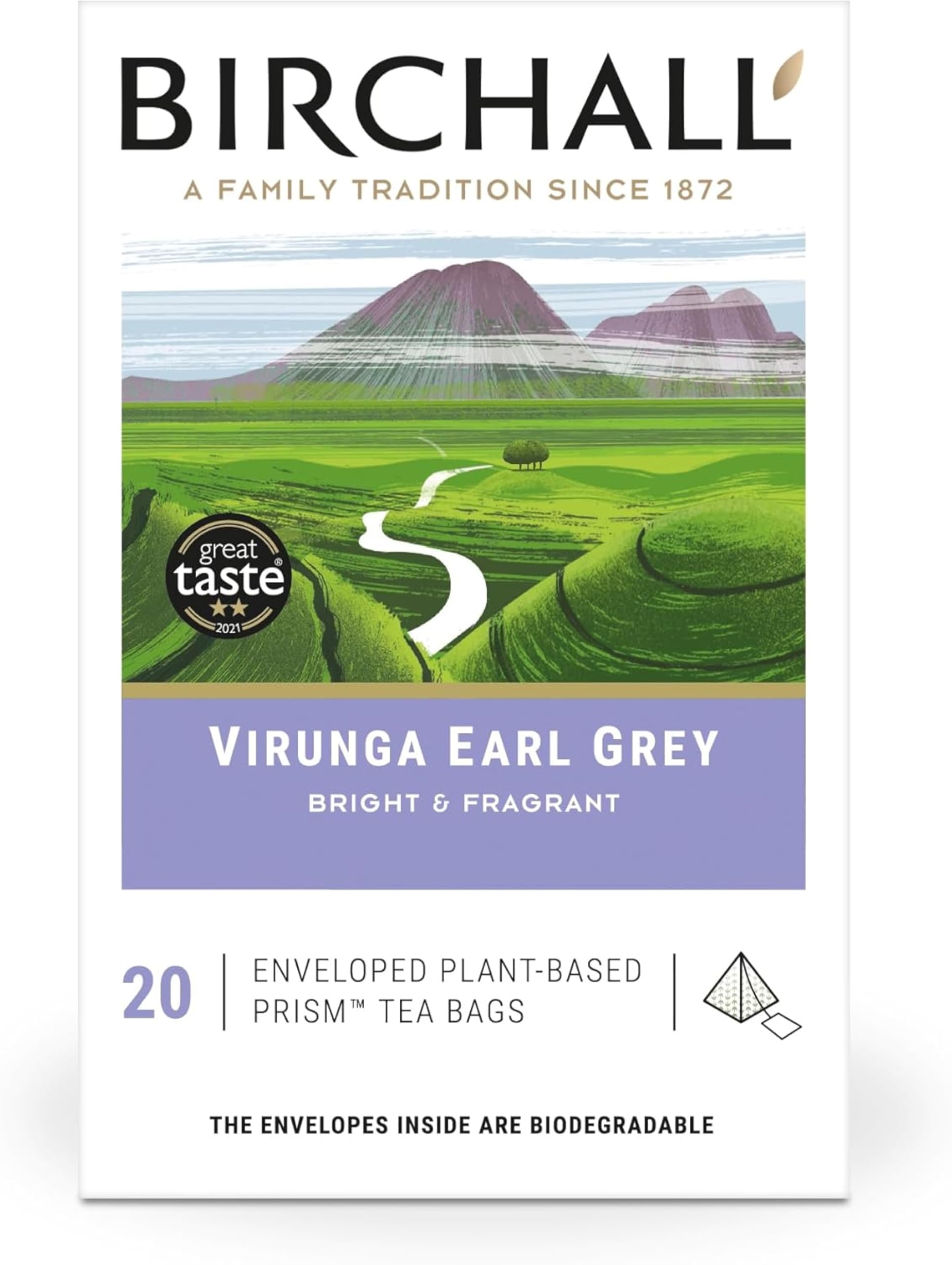Birchall Tea Bags, Virunga Earl Grey Tea, Afternoon Black Tea Bursting with Full Flavour, 20 Enveloped Plant-Based Prism Tea Bags