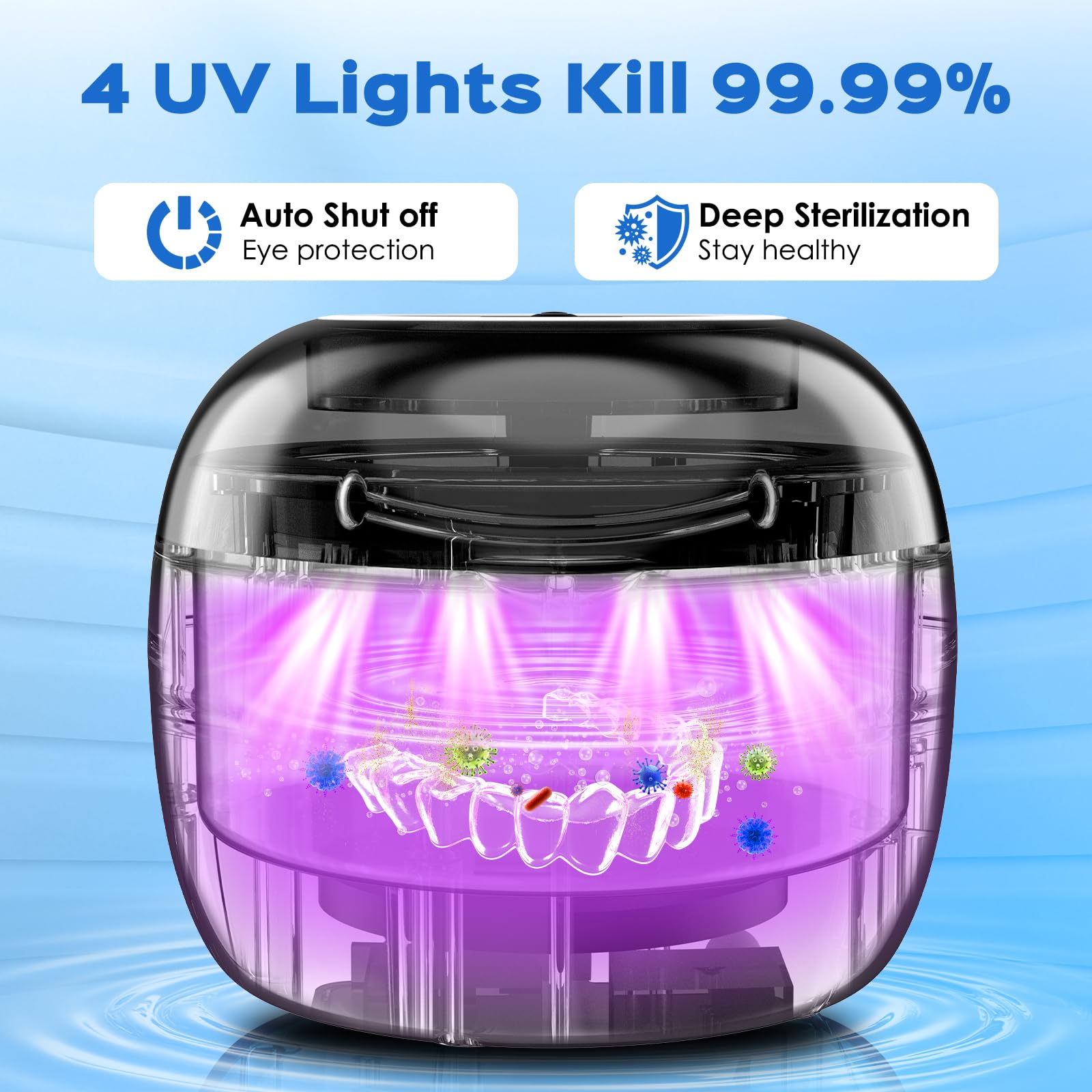 Ultraschall-reinigungsgerät, 50000Hz Ultraschall Reiniger 250ML Automatischer UV-reinigungsgerät 4 Modi Ultrasonic Cleaner für Zahnersatz, Retainer, Aligner, Prothesen, Zahnschiene, Schmuck