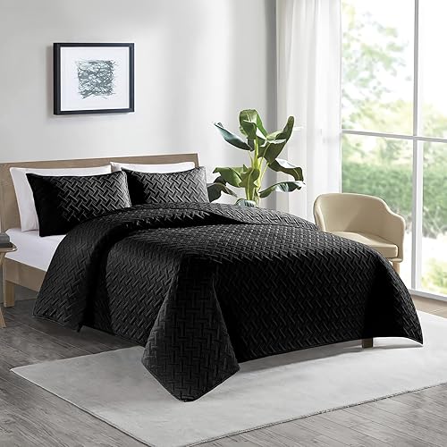 Miniatura 2 de Juego de edredón de 3 piezas  Colcha acolchada ultrasuave  Colcha de microfibra ligera de punto clásico para todas las estaciones  Colchas negras