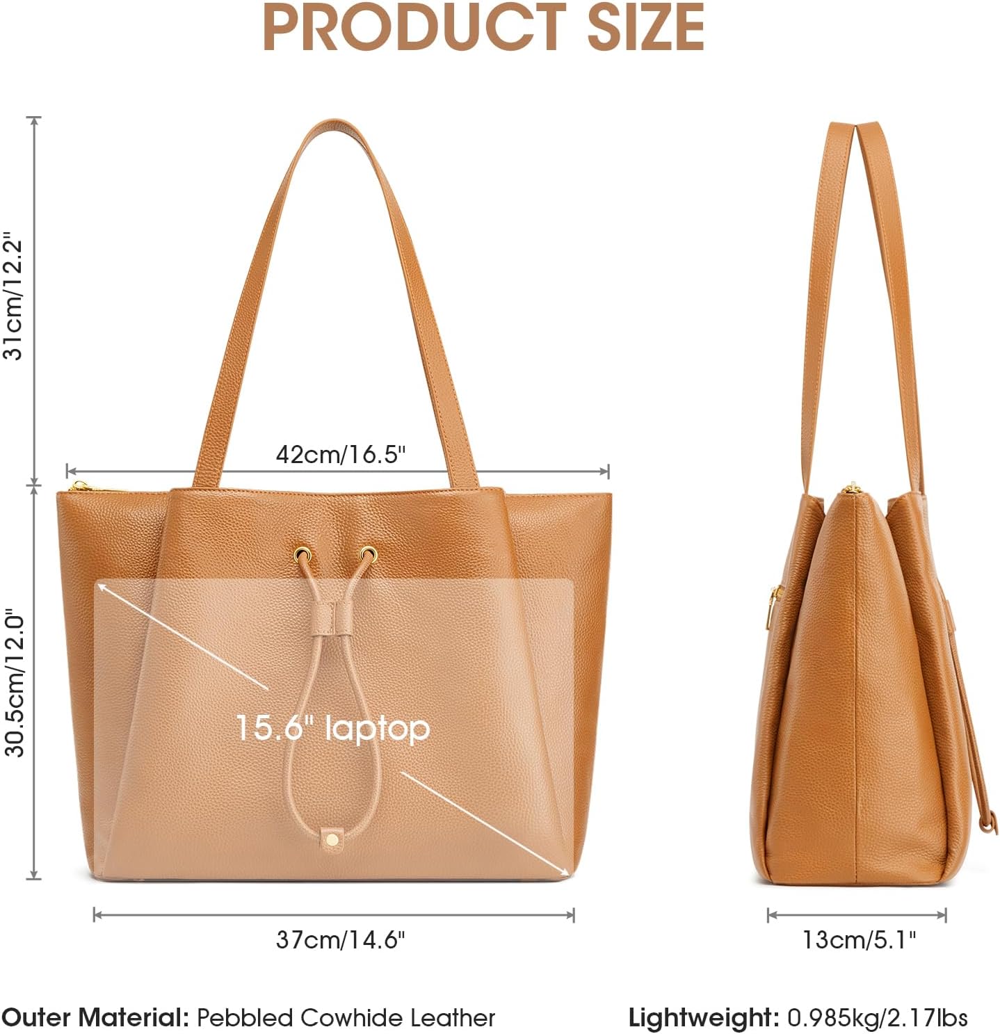 Kattee Work Tote Bags for Women, Large Genuine Leather Shoulder Handbags with Laptop Compartment - Image 3