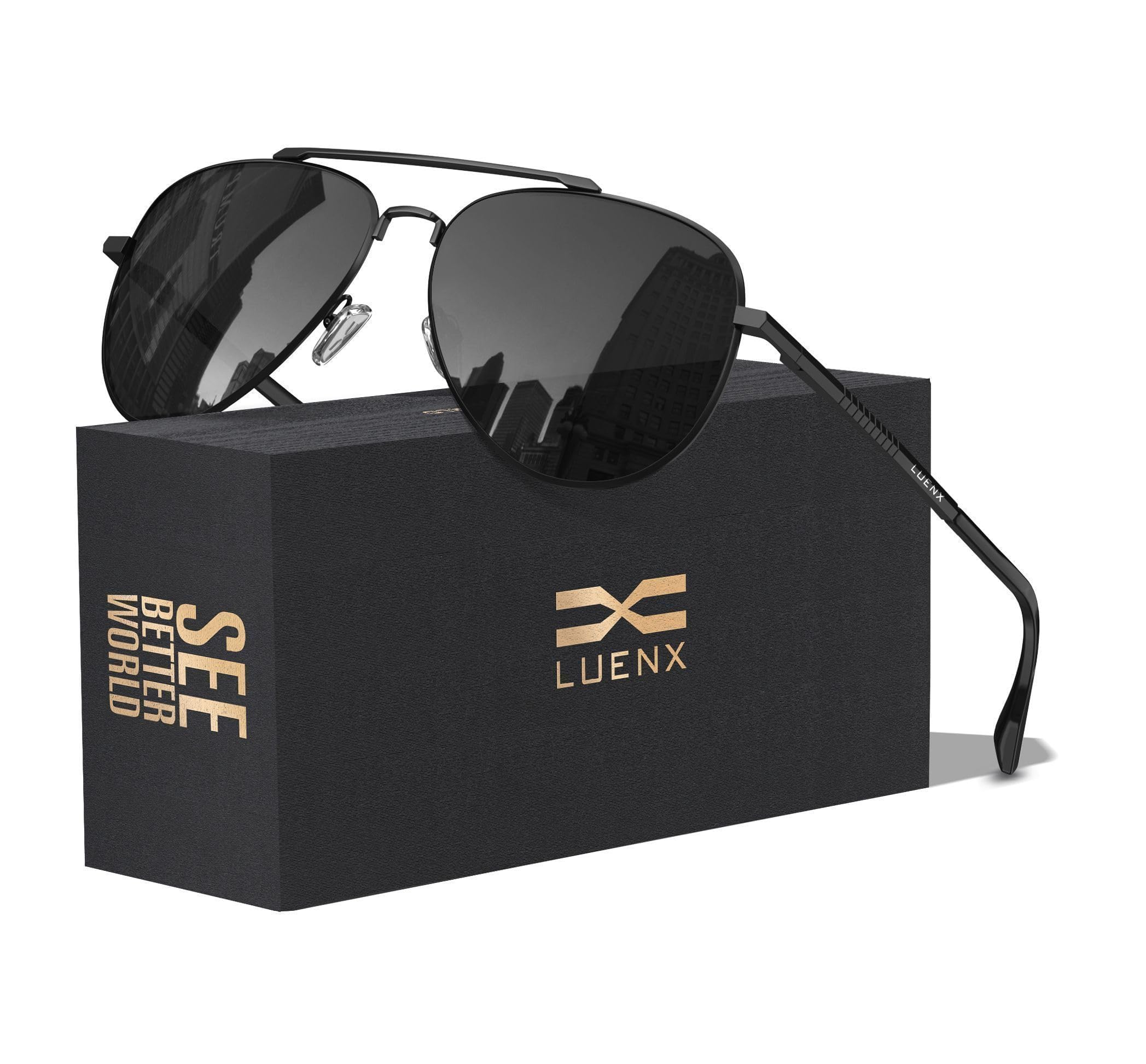 LUENX Aviator Sunglasses Polarized Mens Womens Black Lens Black Metal Frame 60mm